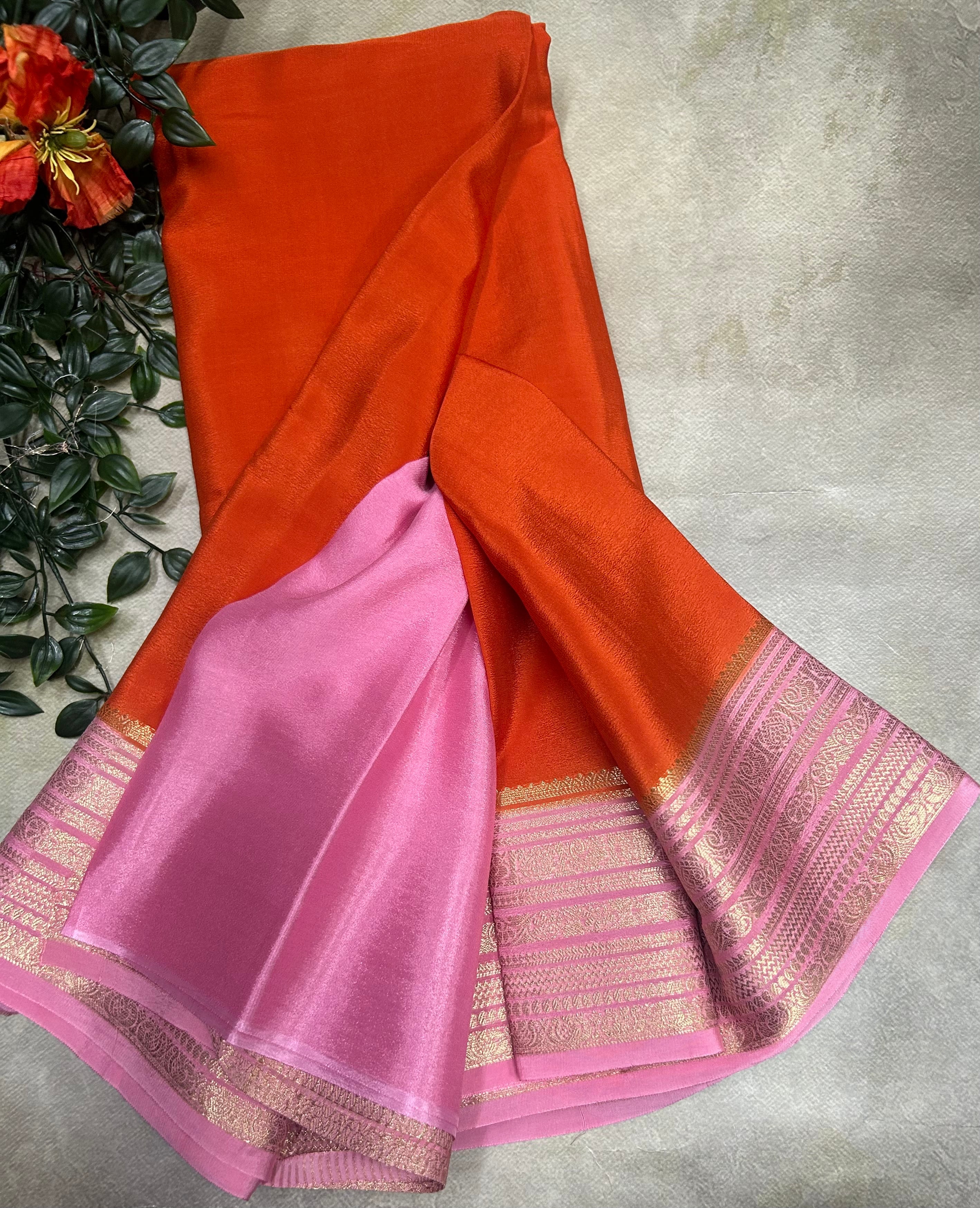 Orange n light pink plain semi Mysore crepe silk 105 saree