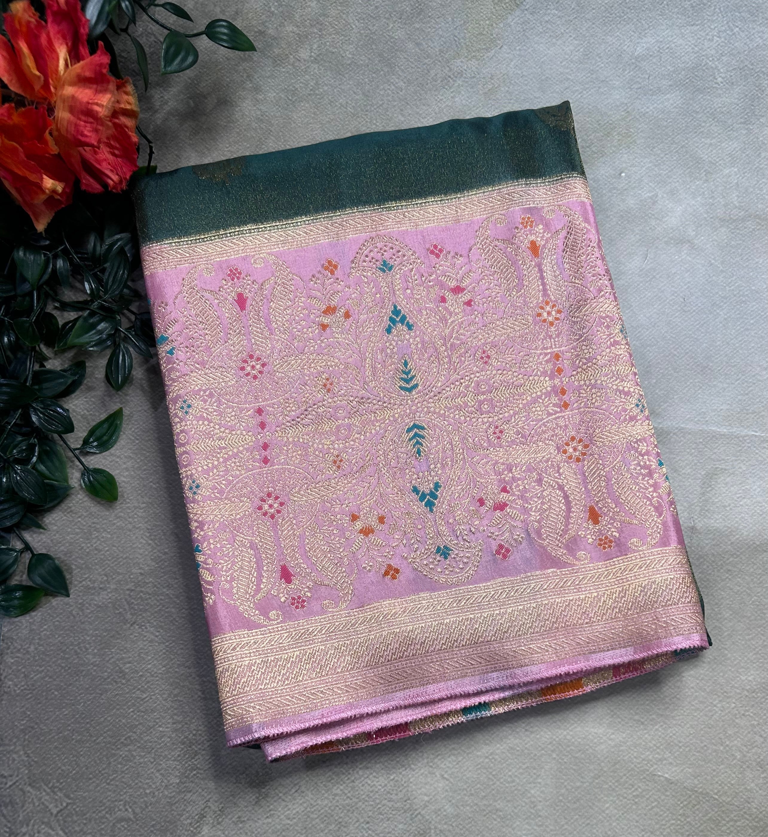 Green contrast long border soft semi tissue crepe 106 saree