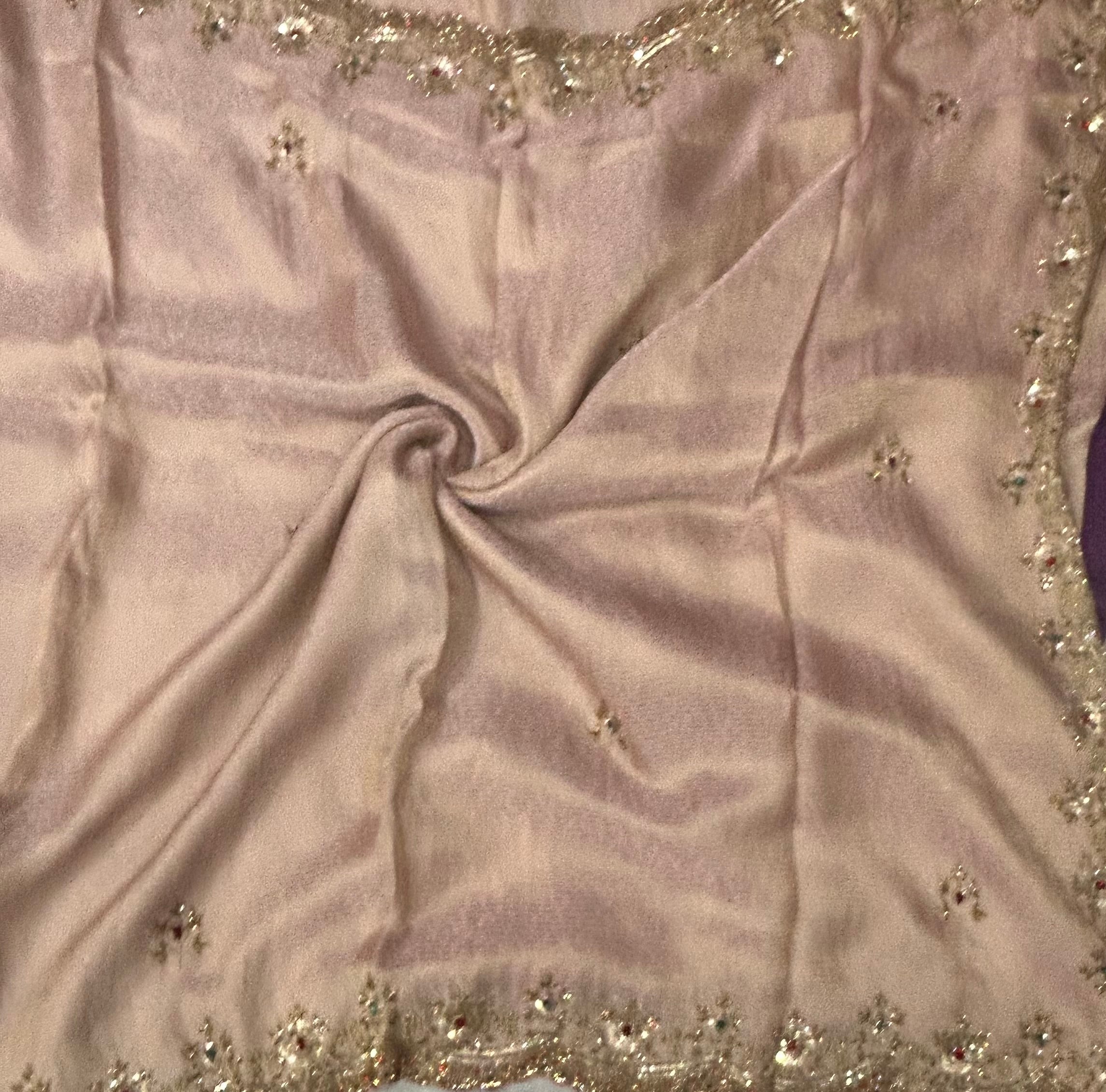 Pastel pink brocade tissue handwork  scallop border party wear