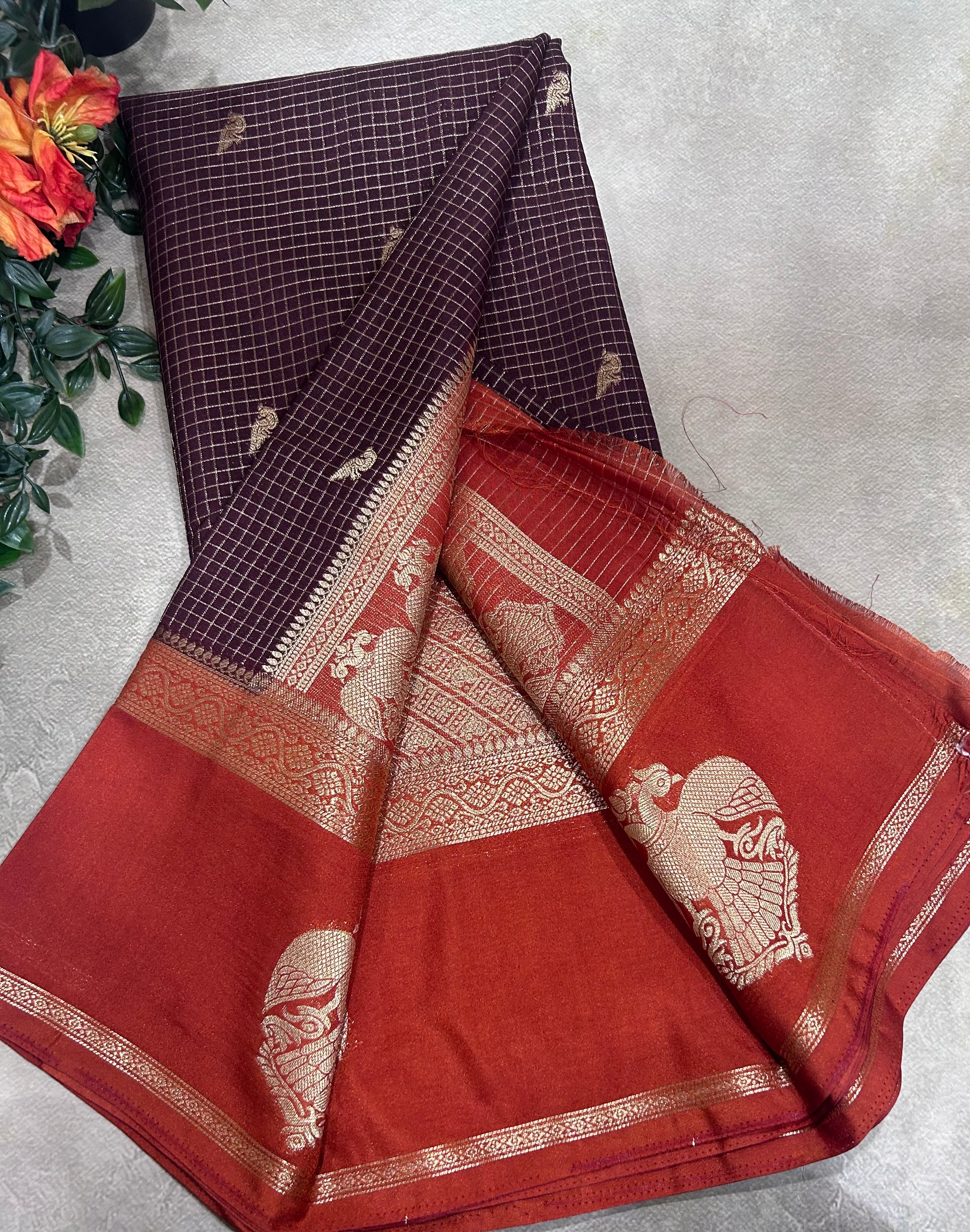 Brown gandaberunda border semi Mysore crepe 106 saree