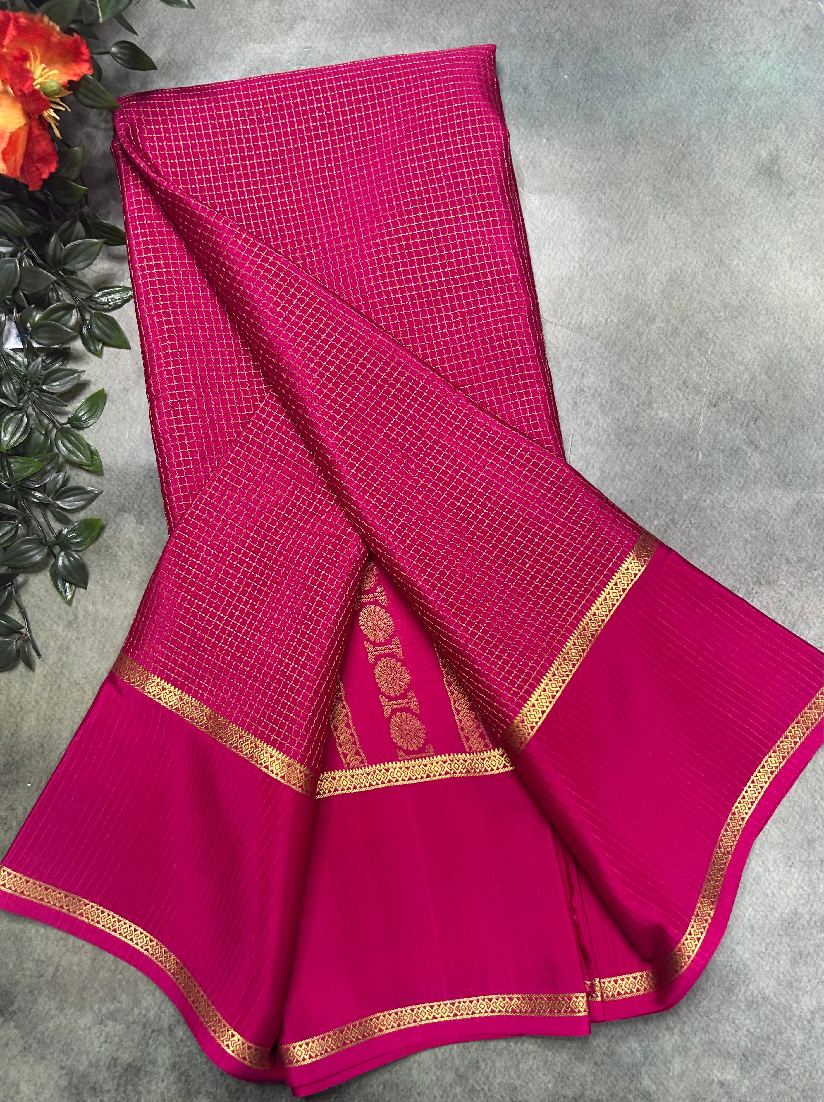 Rani pink small checks n bentex border pure Mysore silk 105 saree