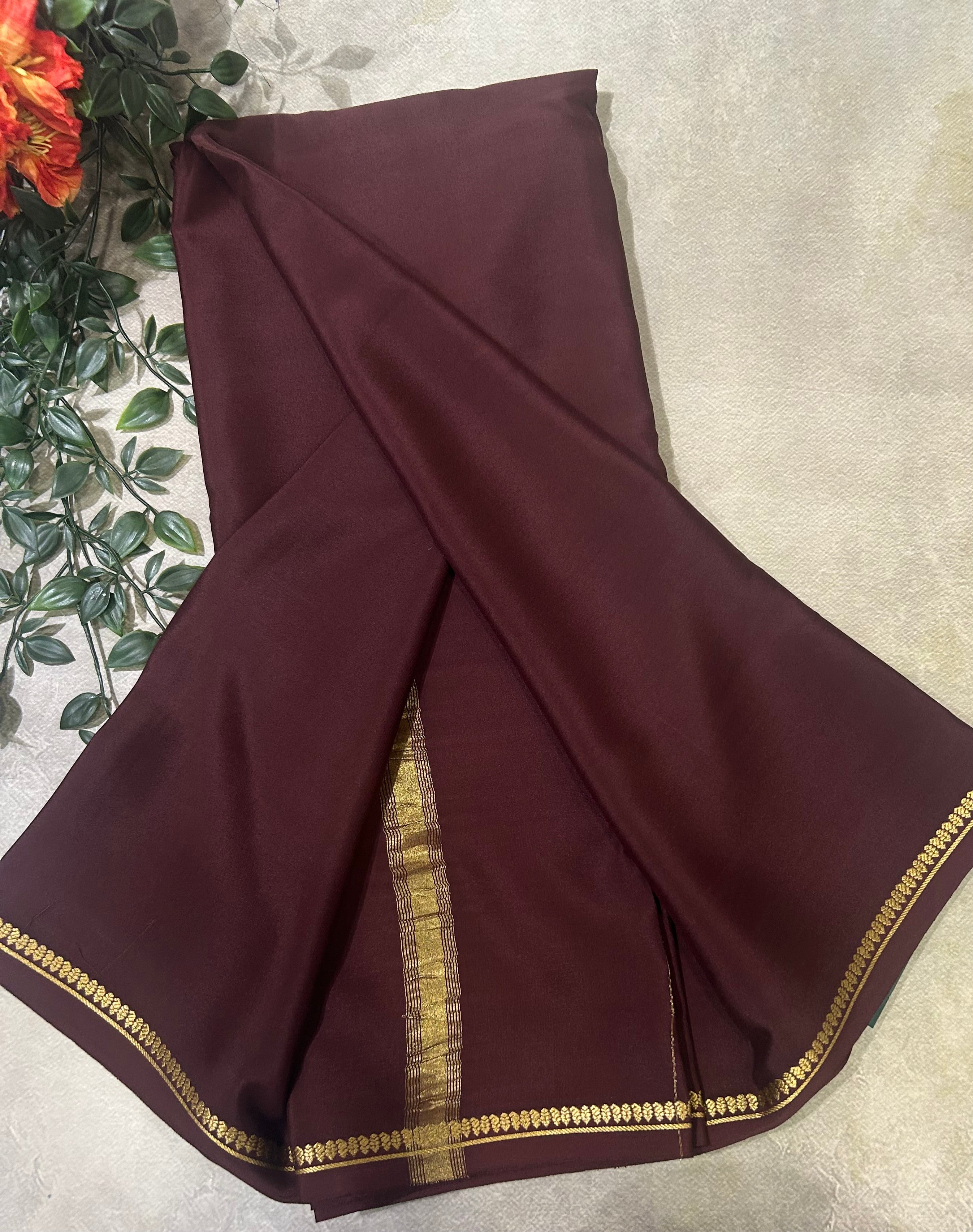 Dark brown small border pure Mysore silk 103 saree