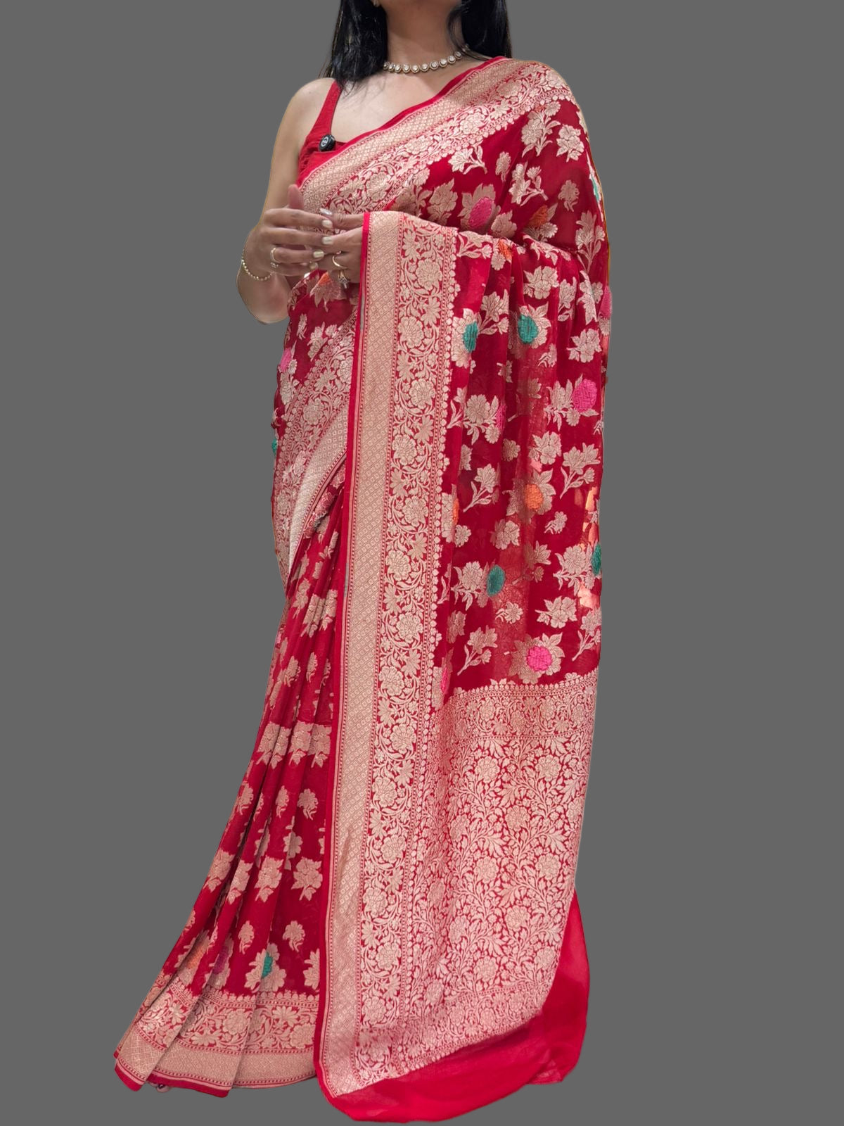 Red velvet embossed pure georgette-12 saree