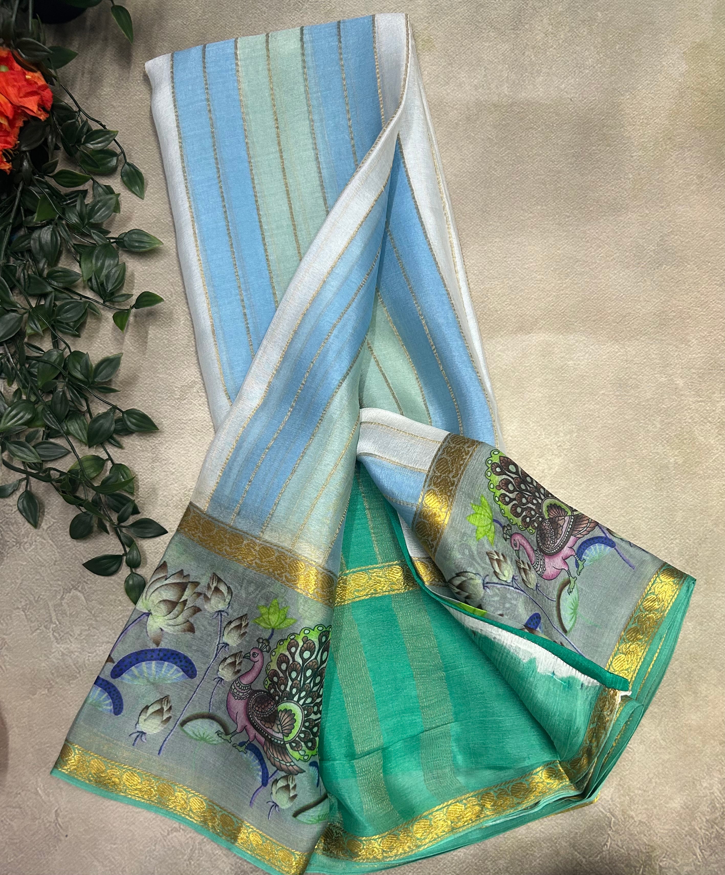 Rankart kalamkari border pure wrinkle 103 crepe silk saree