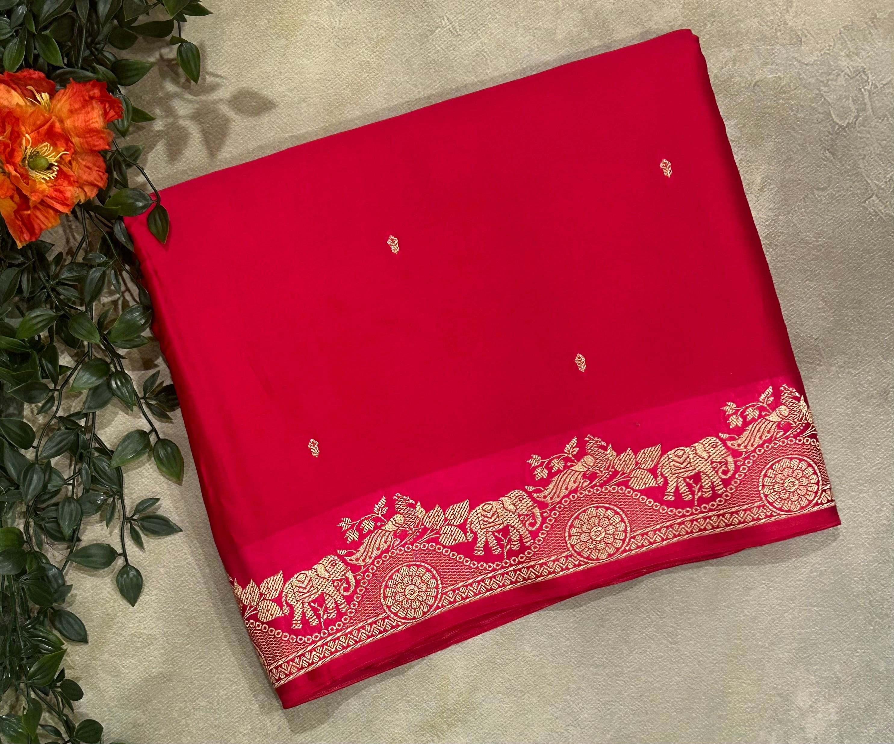 Rani pink small border satin crepe 103 saree
