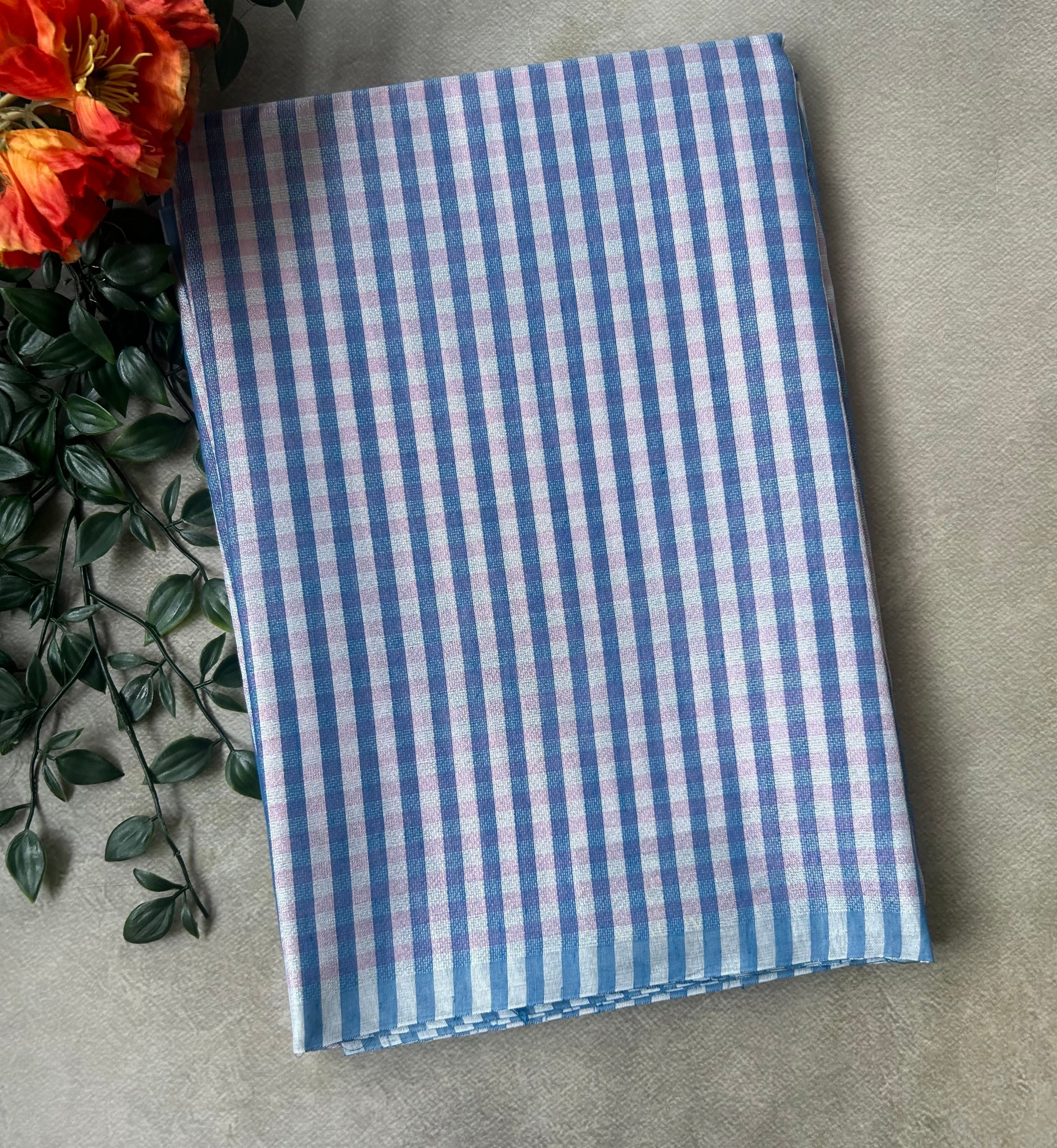 Blue checks semi tissue saree