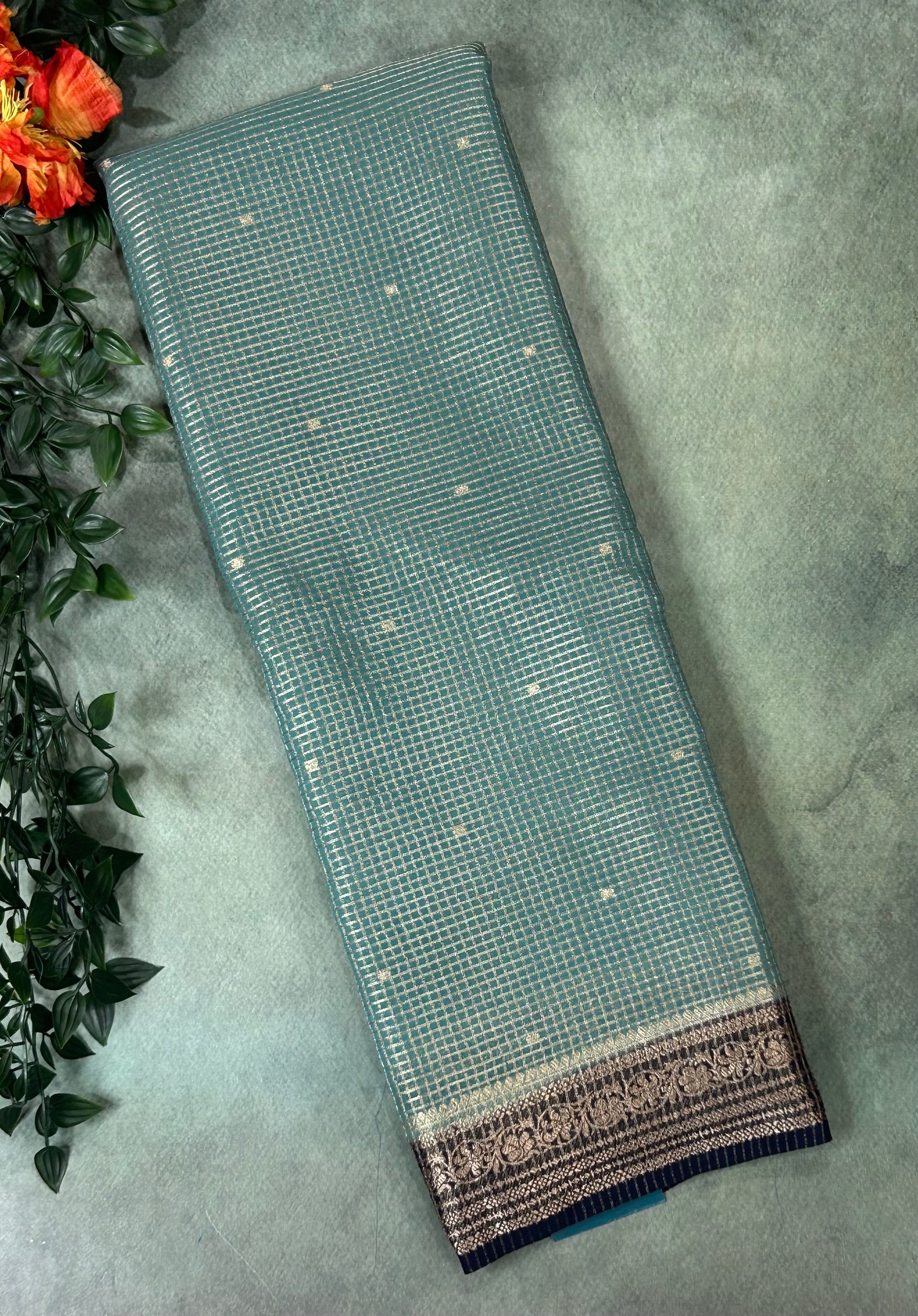 Sea green small checks semi mysore crepe-12 saree