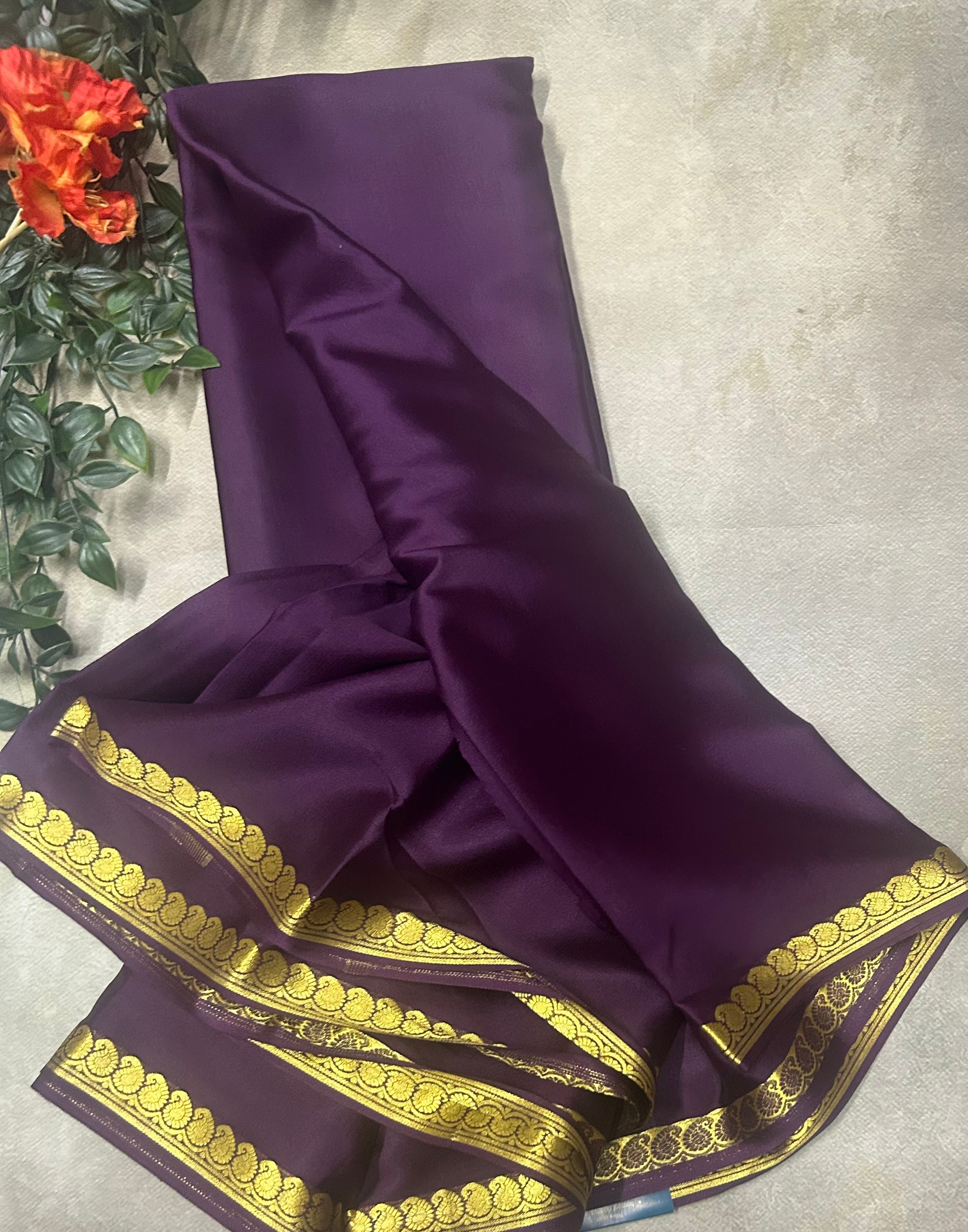 Dark wine small border pure Mysore silk saree