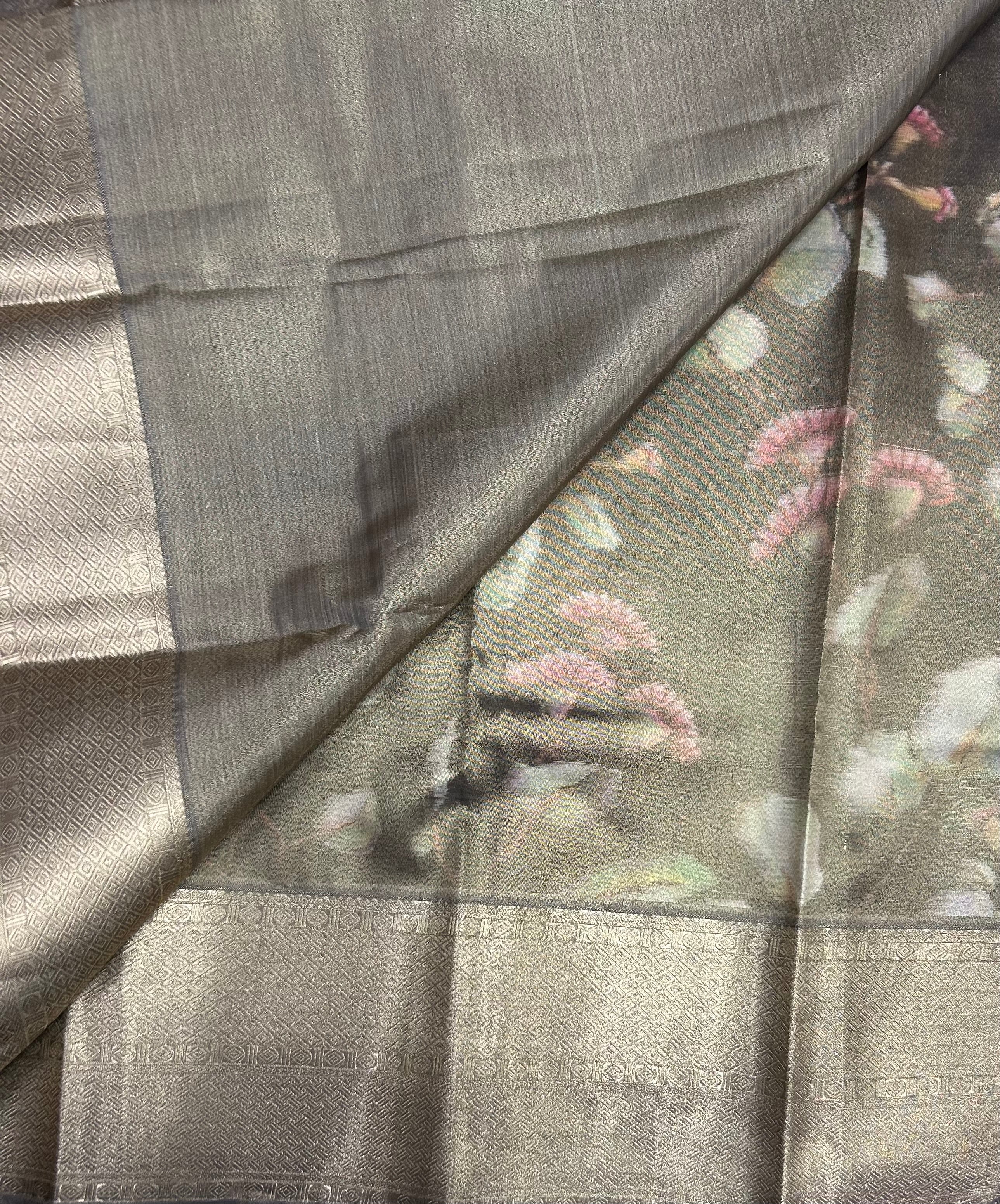 Lite olive green Digital print Semi Kanchi saree