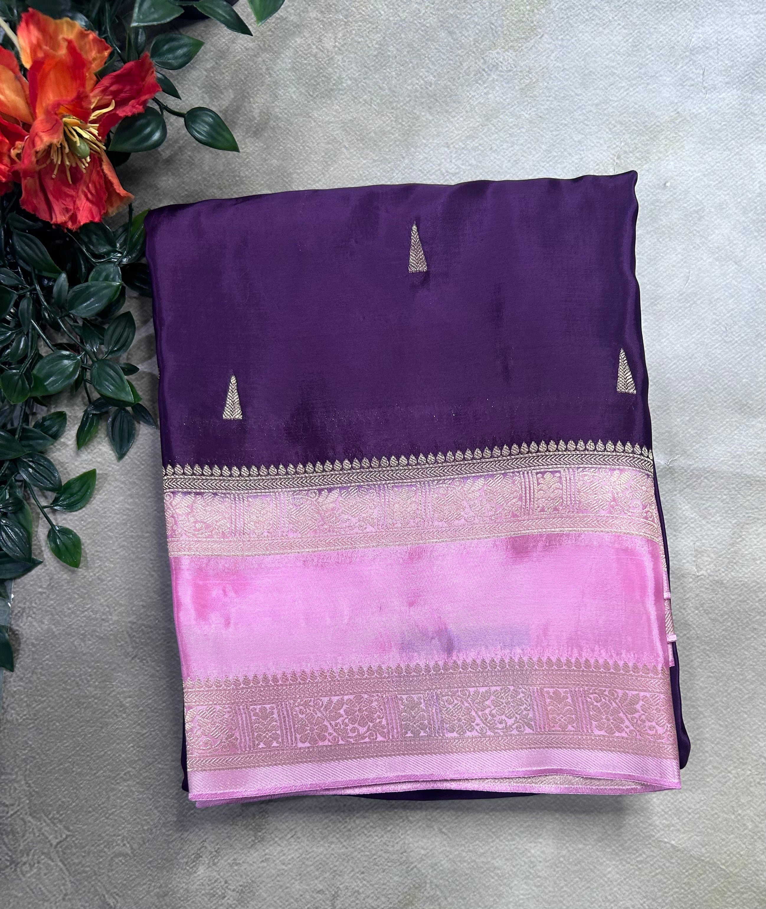 Purple contrast bentex border semi Mysore crepe 106 saree