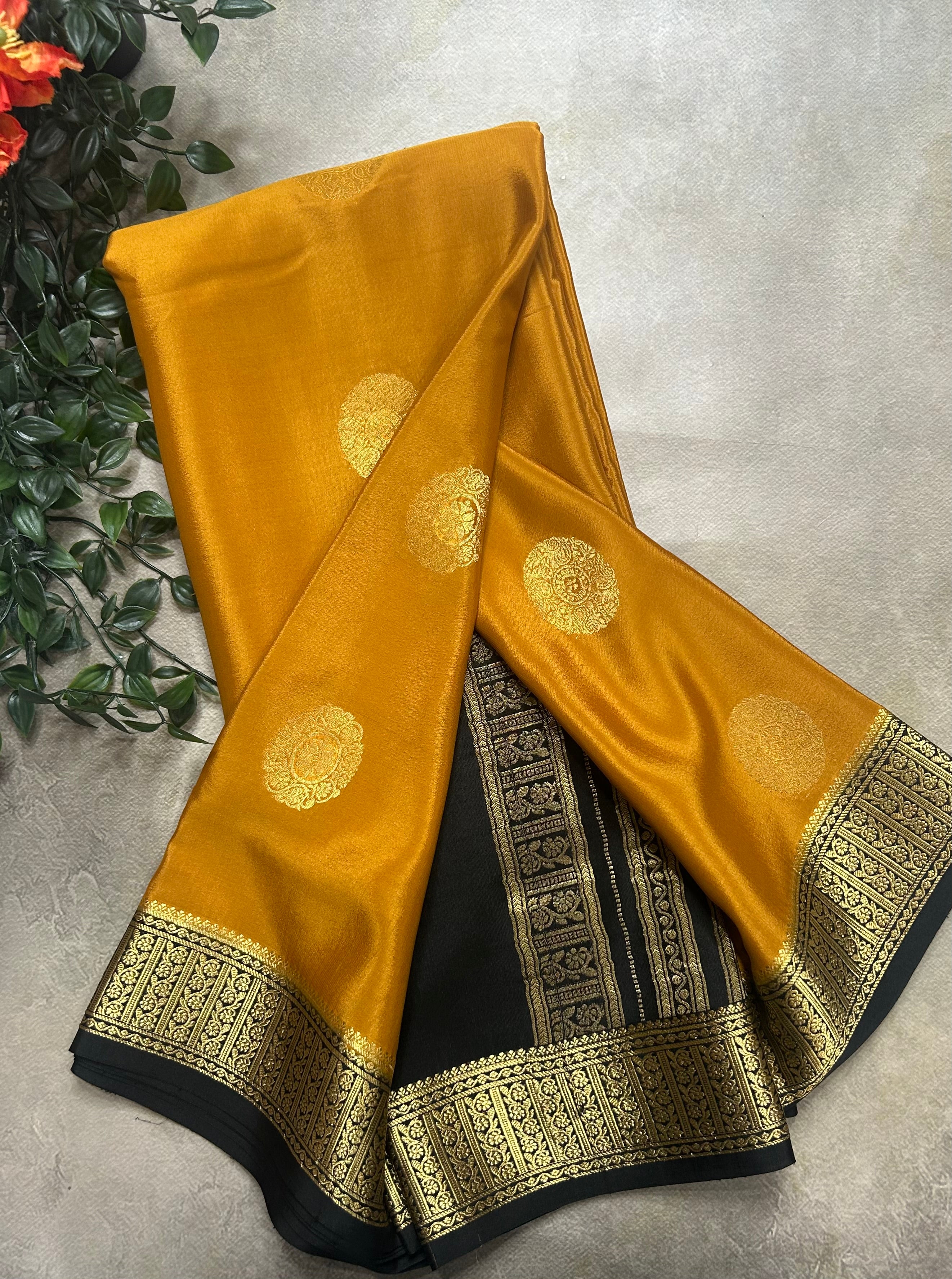Mustard yellow n black big Butta pure Mysore silk-104 saree