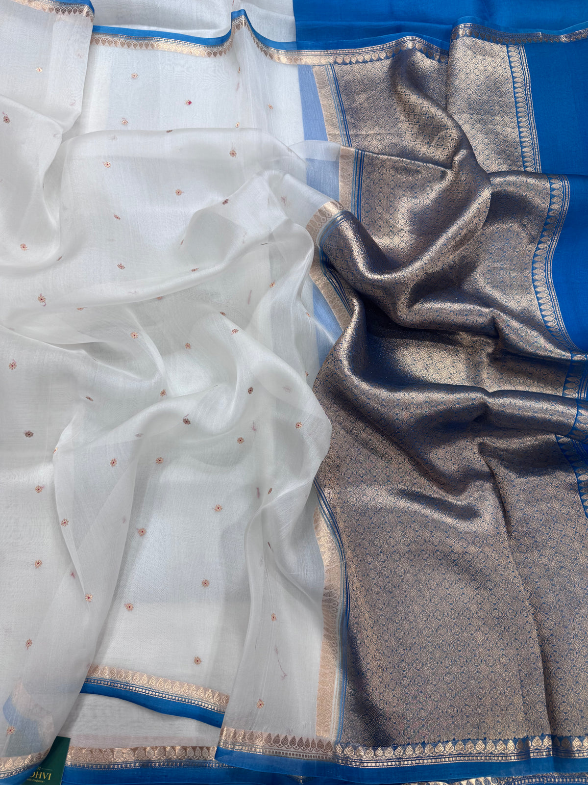White n blue pure Kora Organza Saree 111
