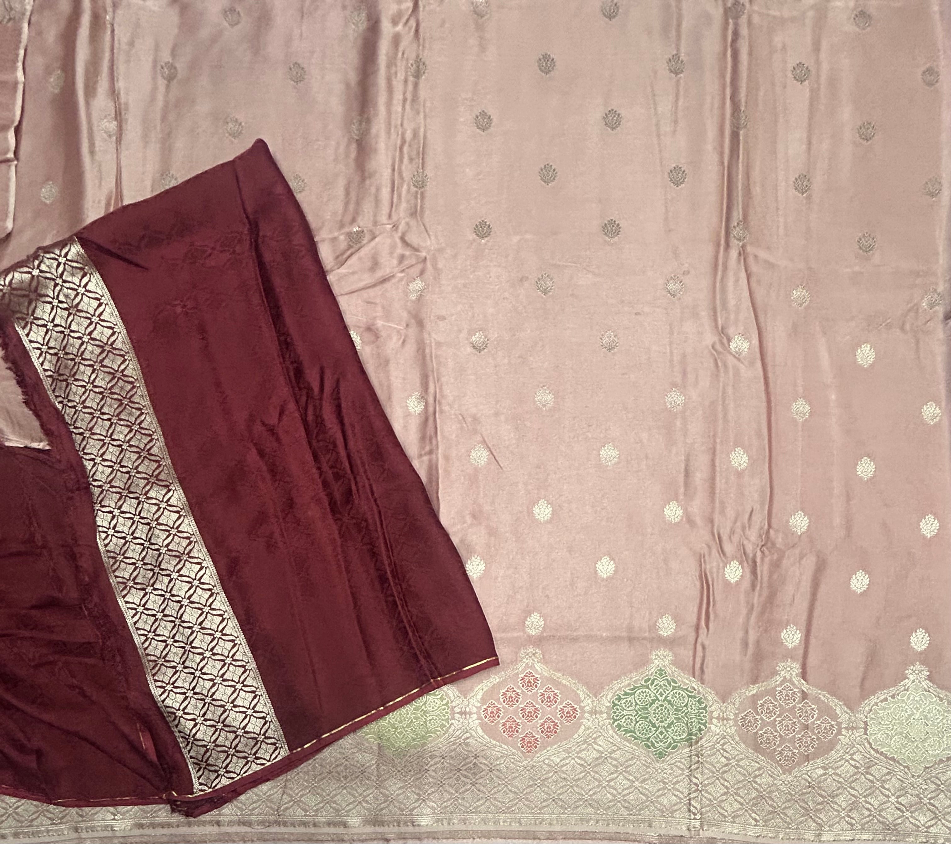 Pastel pink silver zari satin crepe saree