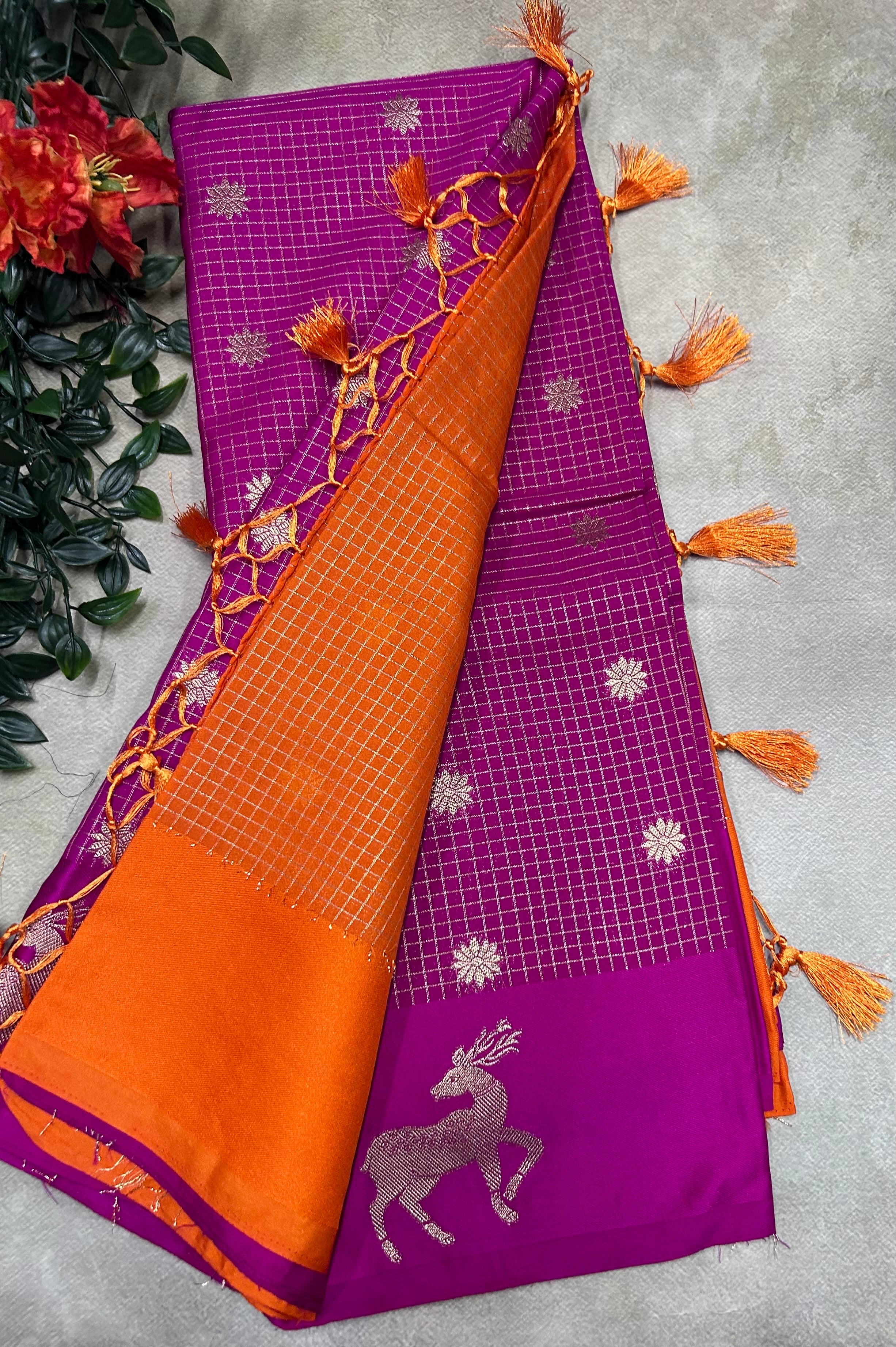 Pink small checks semi Mysore crepe saree(SMC106)