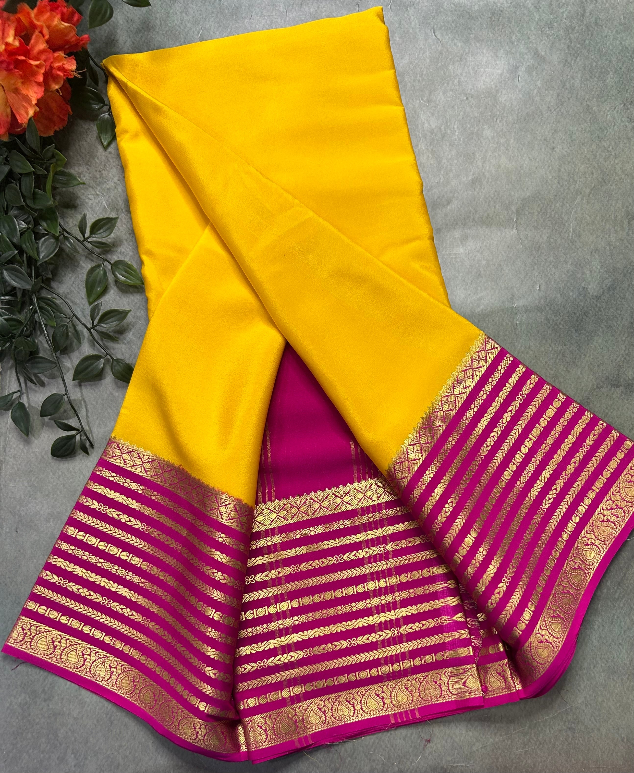 Yellow stripes pure Mysore crepe silk saree