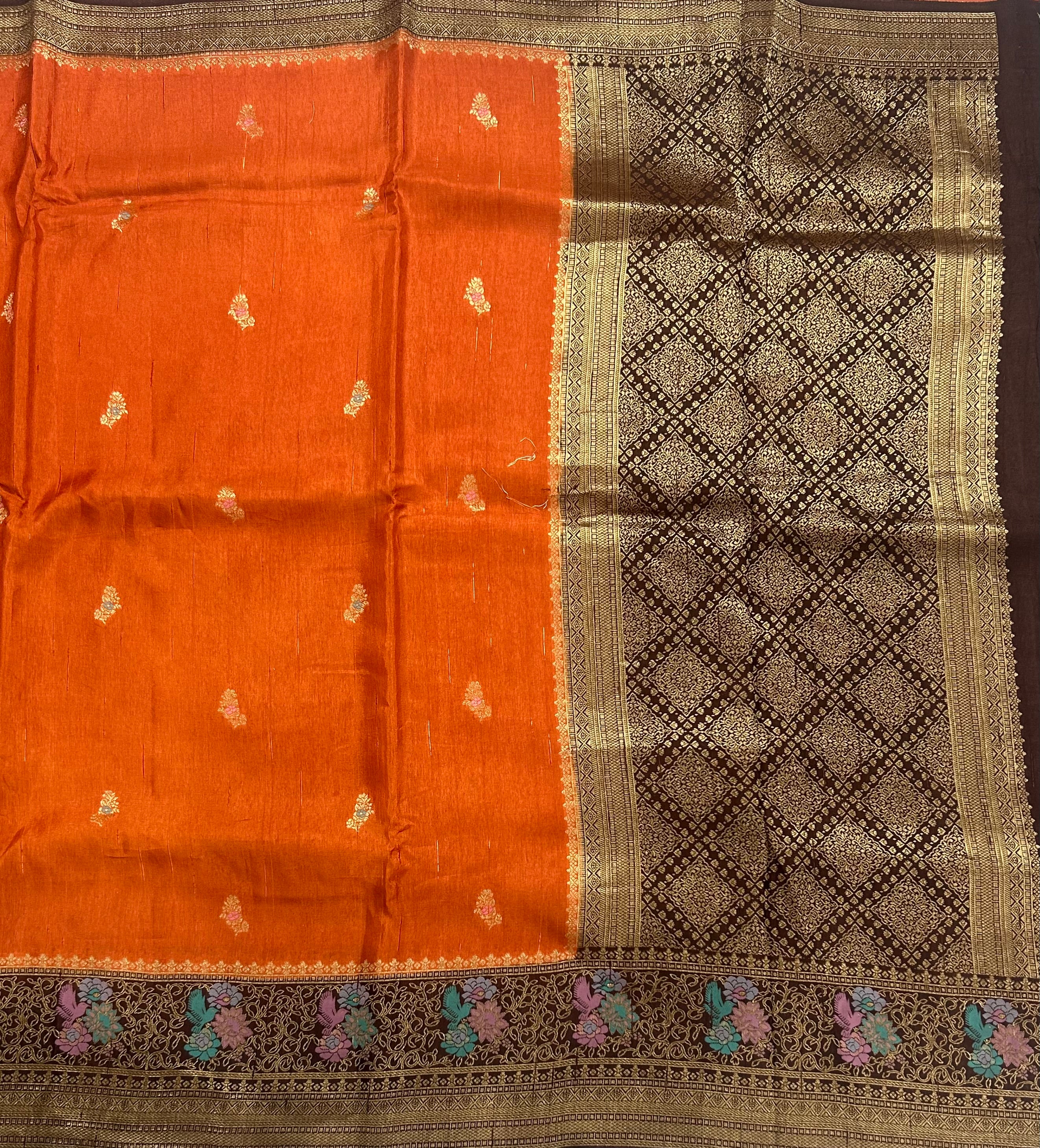 Rust orange n brown 104 Meena work border saree