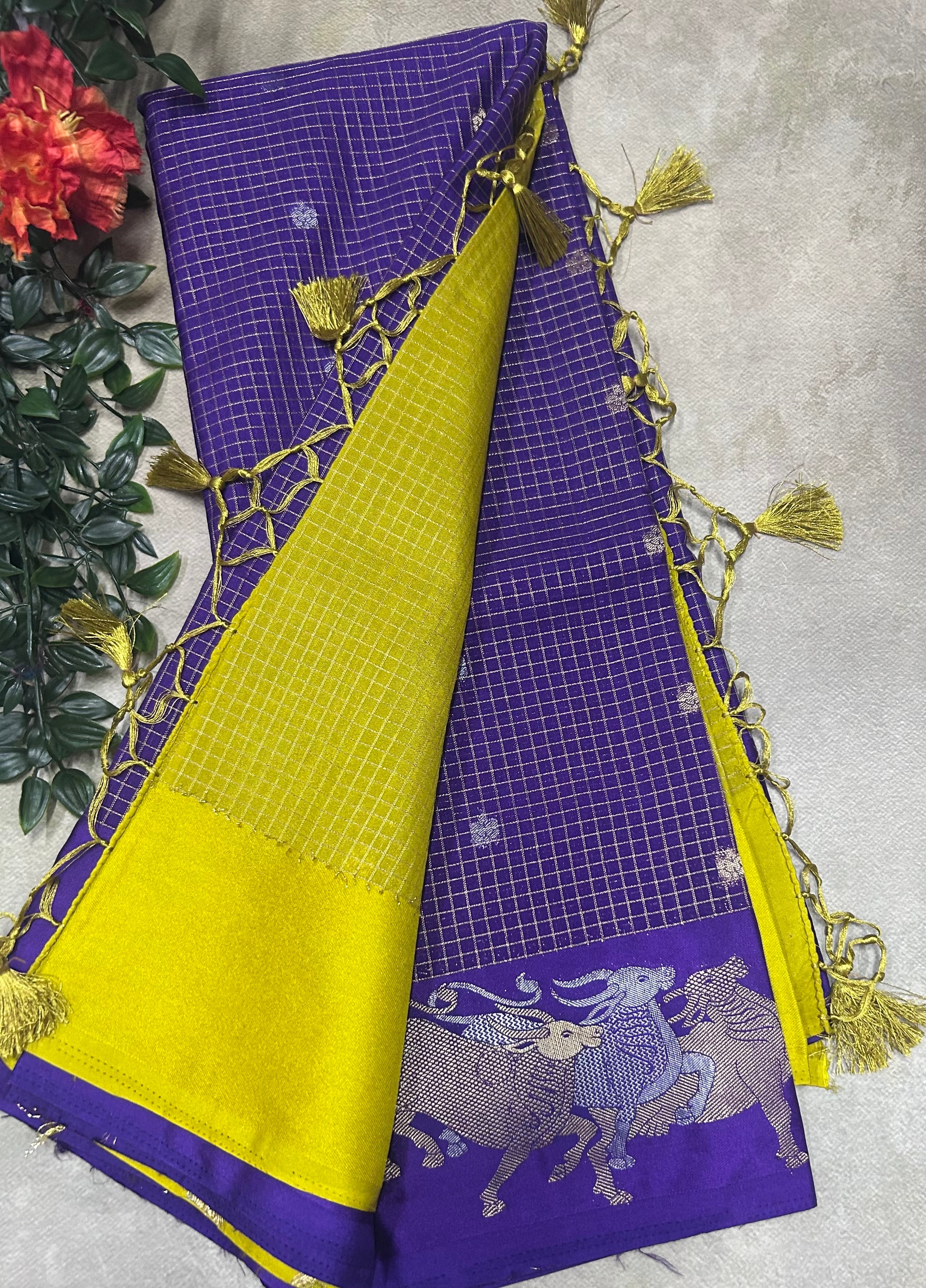 Purple small checks semi Mysore crepe saree(SMC106)