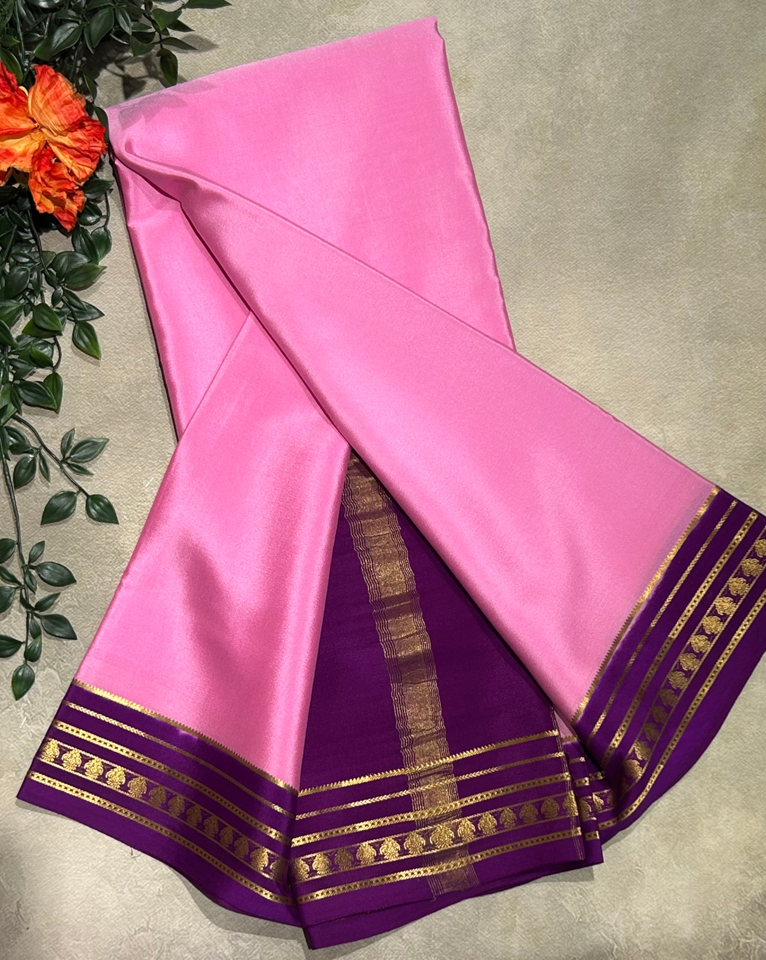 Baby pink stripes border pure Mysore silk-103 saree