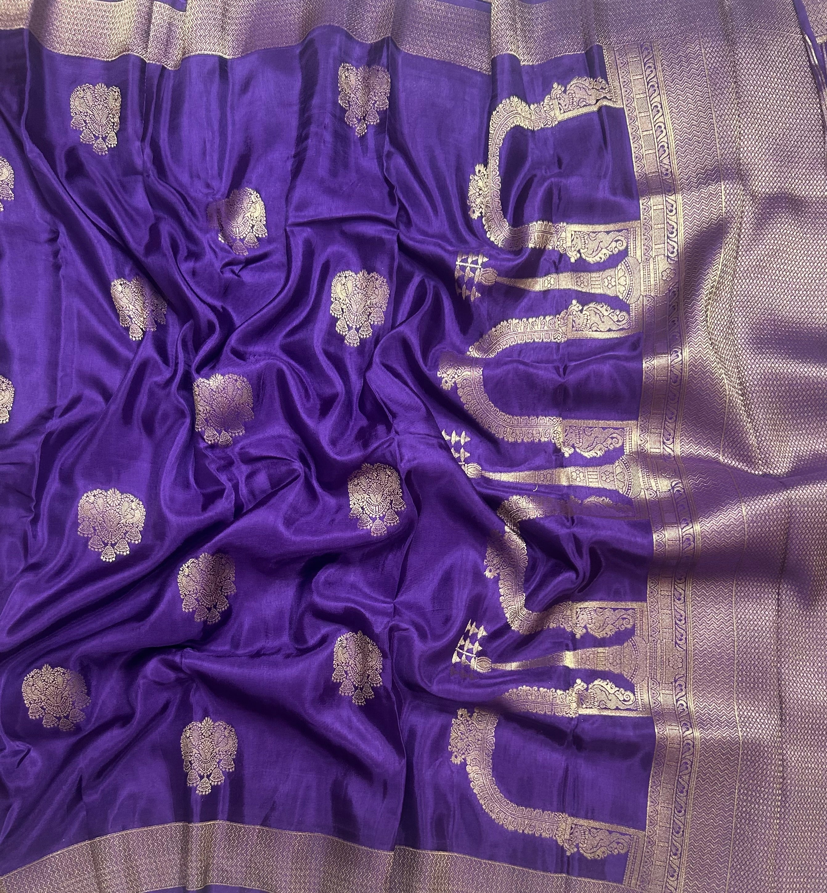 Purple big Butta contrast semi Mysore crepe 105 saree
