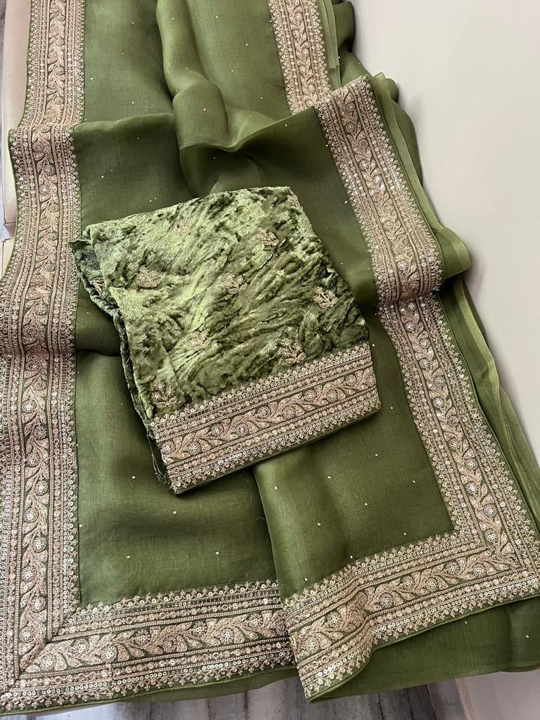 Green sabyasachi inspired pure organza saree