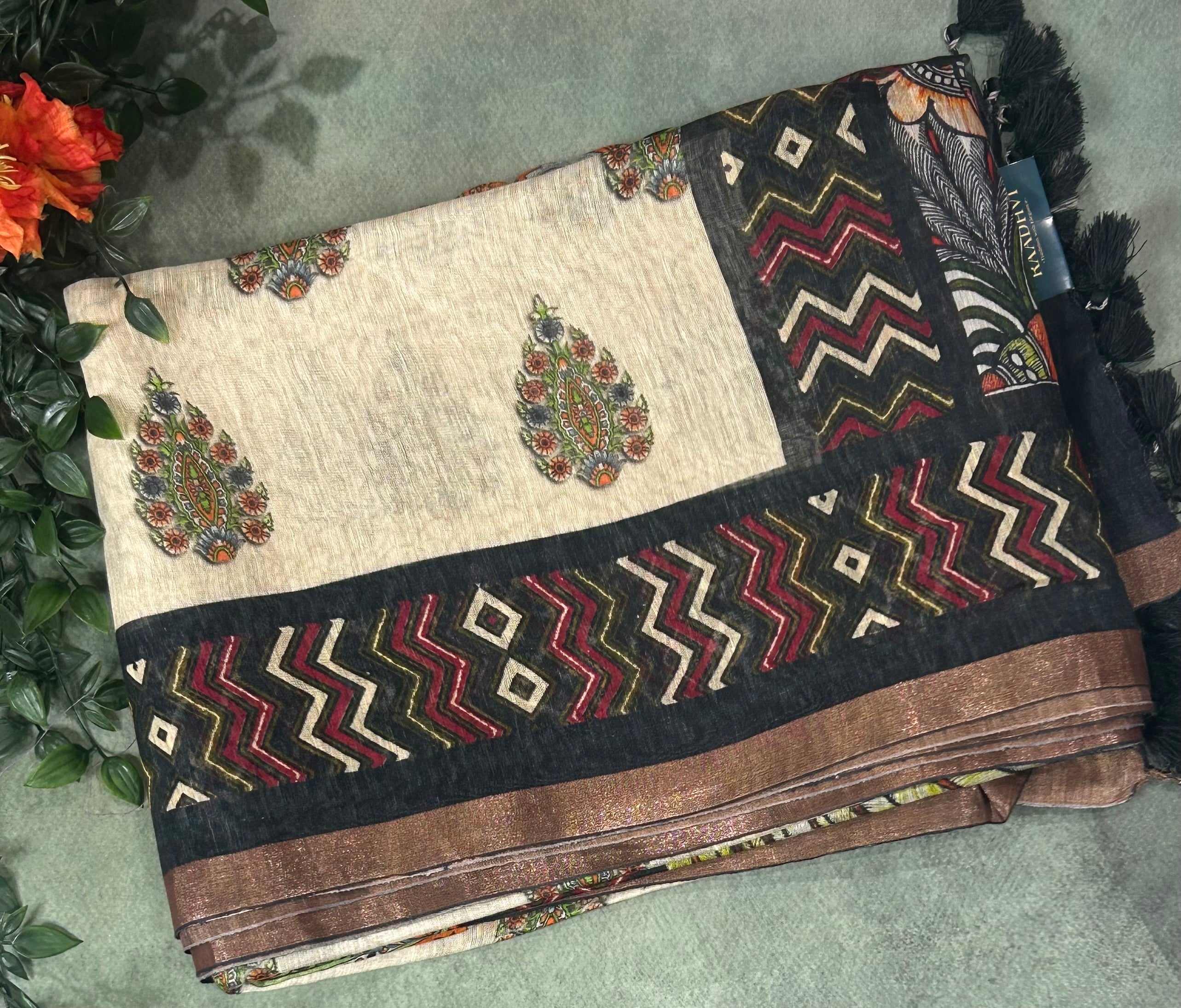 Cream n black pure linen saree