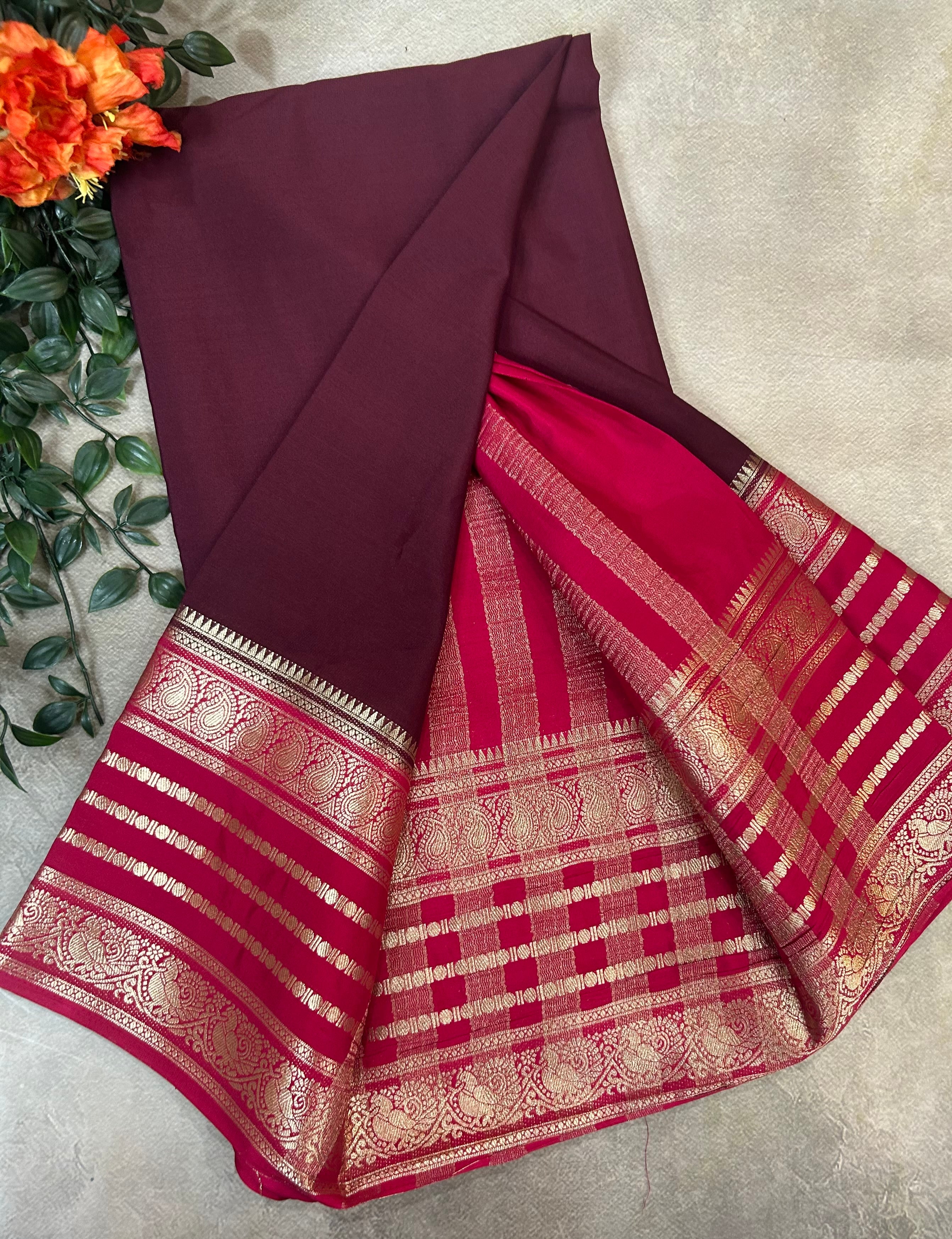 Dark brown stripes border semi Mysore 104 saree