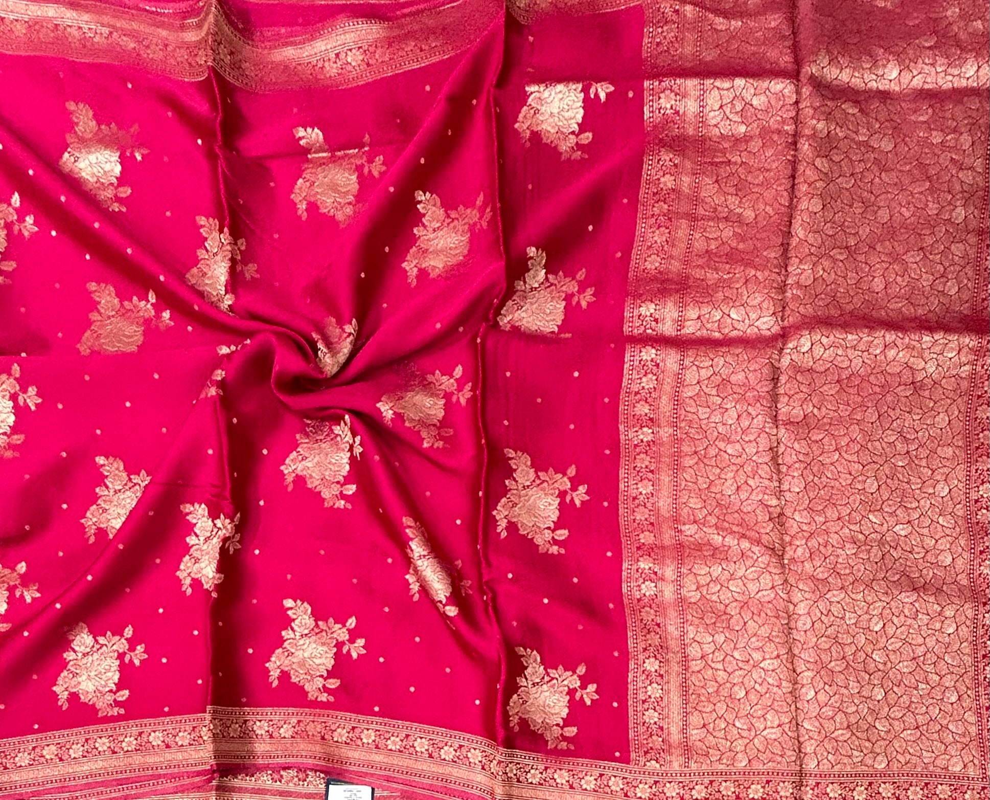 Rani pink floral butta satin silk saree