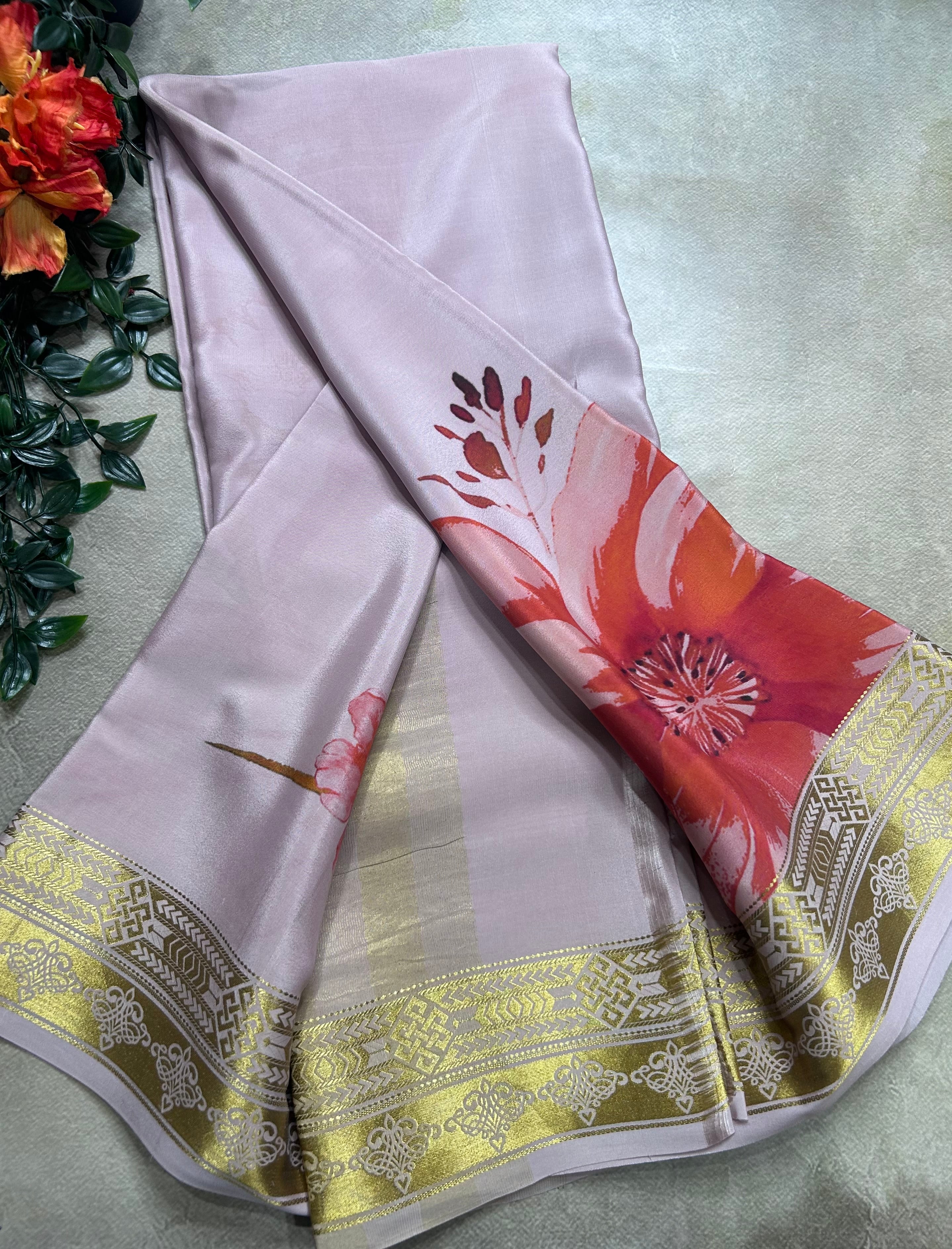 Pastel pink digital print pure mysore silk saree(DMS106)