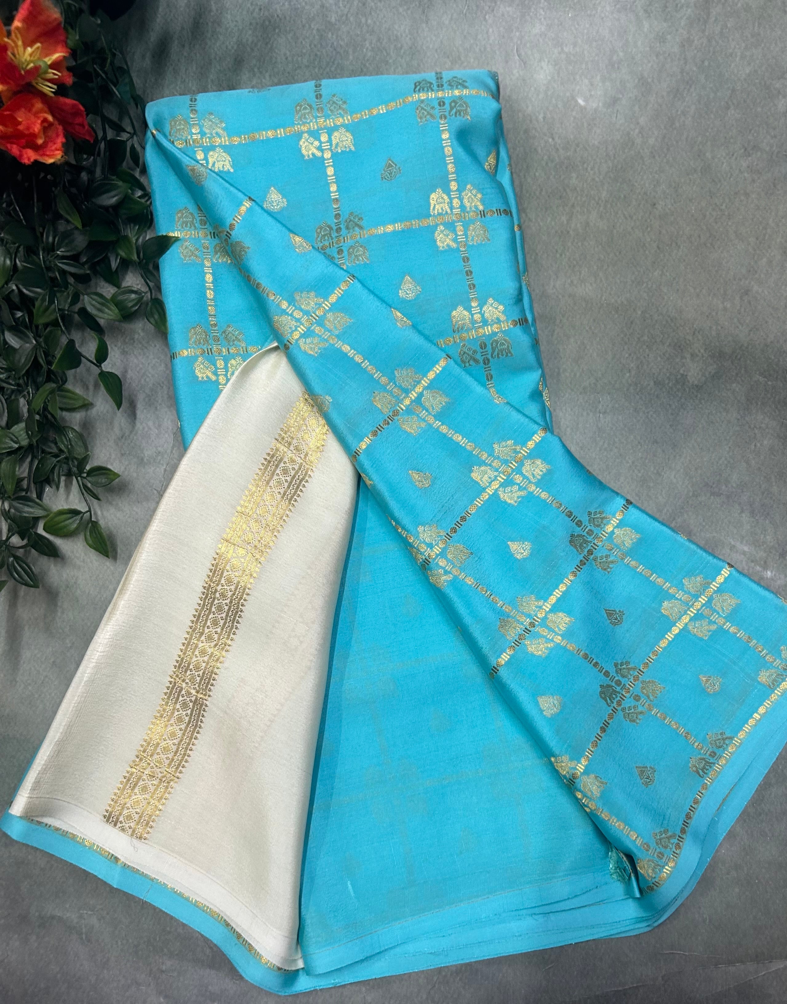 Sky blue contrast checks borderless pure mysore silk-102 saree
