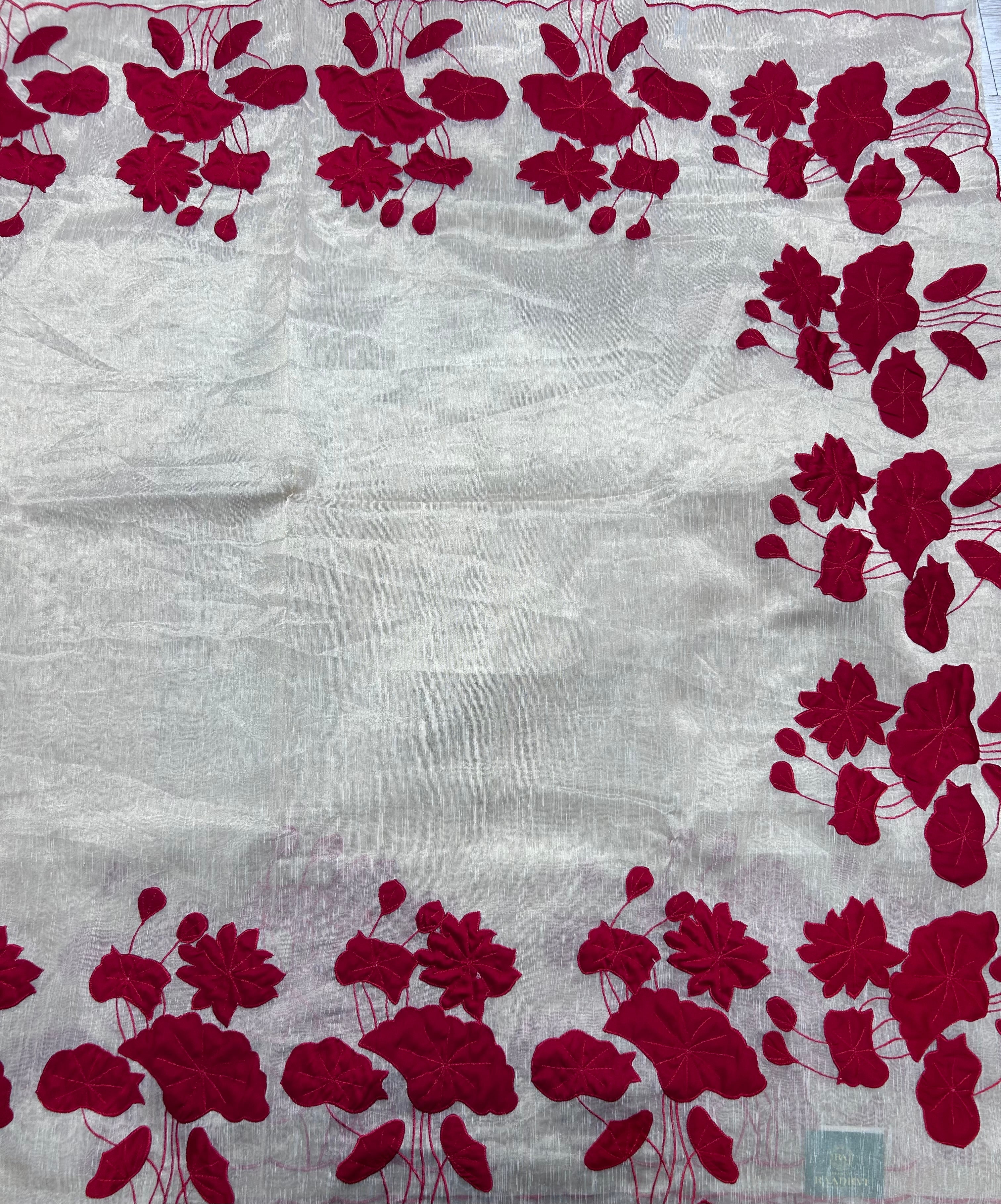 Cream n red appliqué work party wear 106 saree