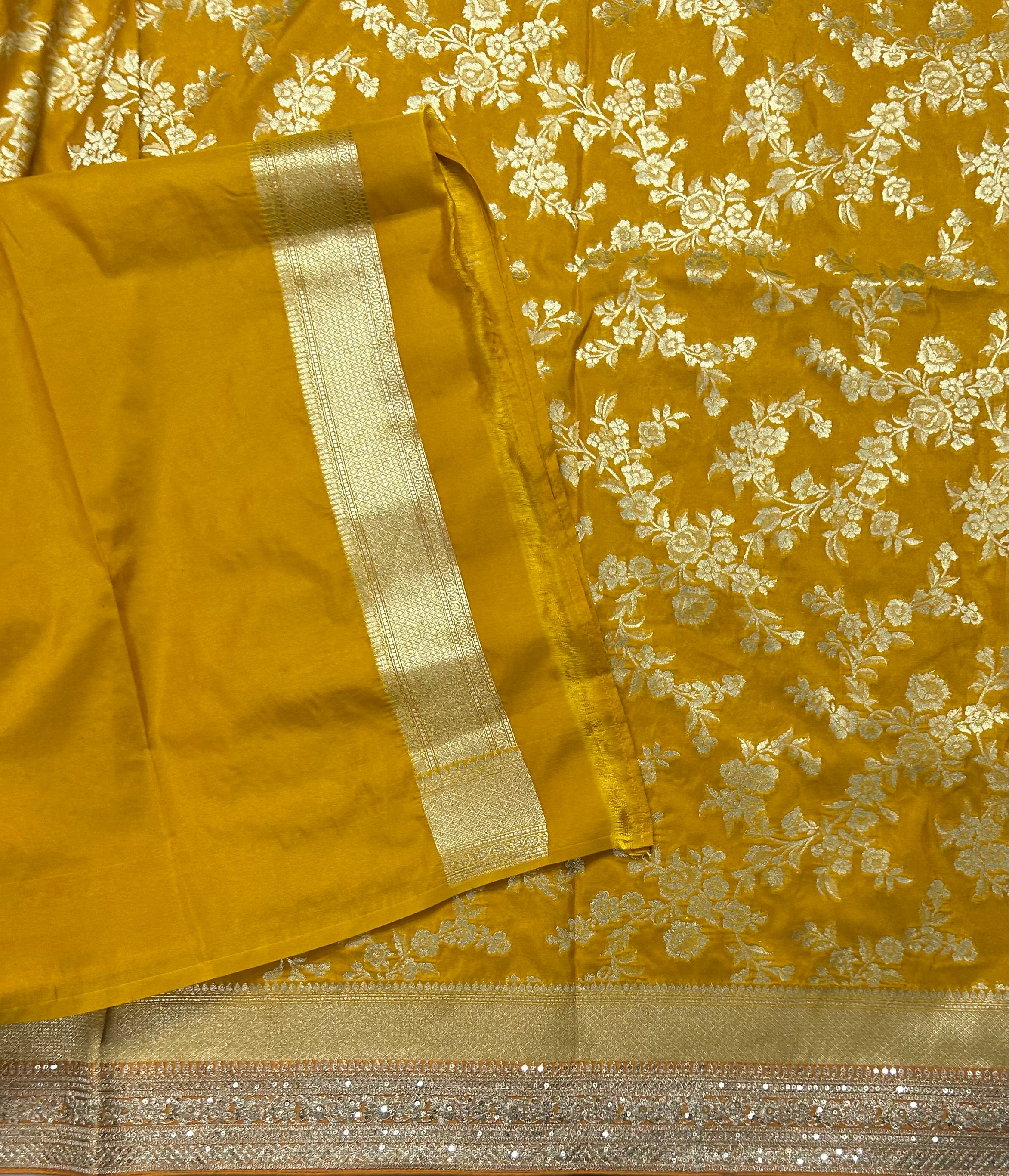 Mustard yellow jaal brocade party wear small border saree