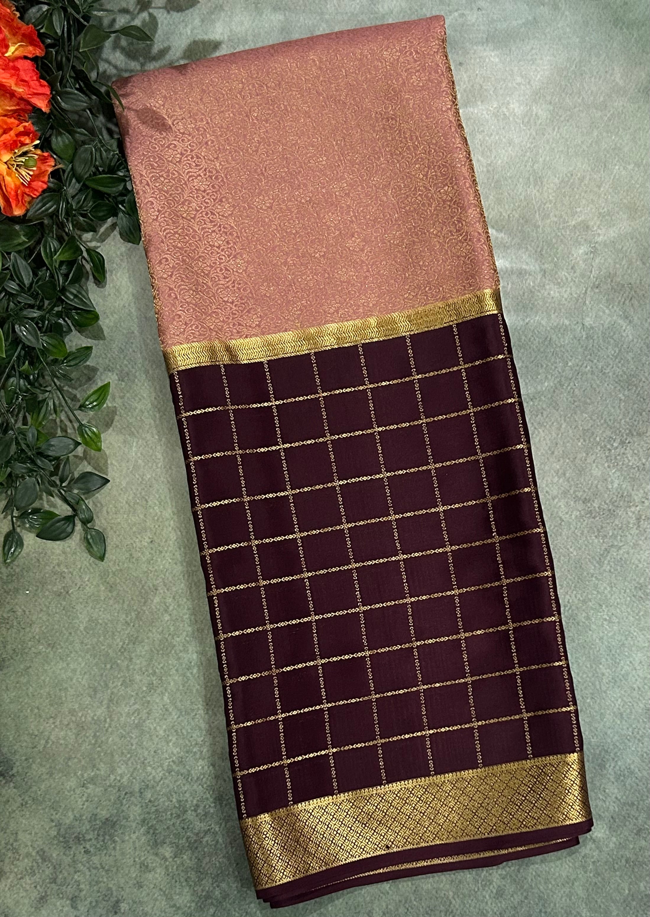 Dark brown n light pink pure Mysore crepe silk 103 saree