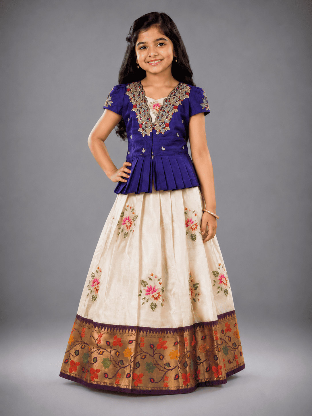 Navy Blue n Cream Kids Semi Kanchi Lehenga with Handwork Blouse