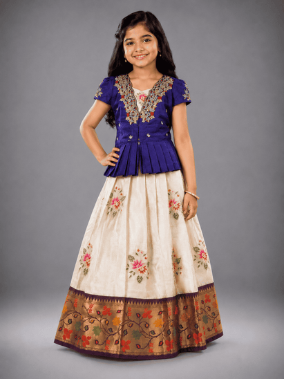 Navy Blue n Cream Kids Semi Kanchi Lehenga with Handwork Blouse