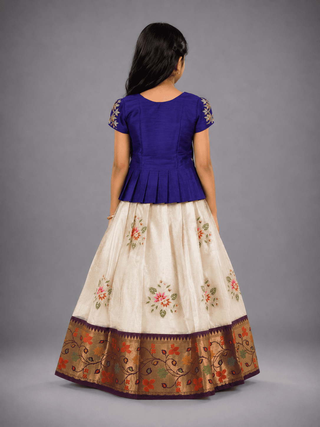 Navy Blue n Cream Kids Semi Kanchi Lehenga with Handwork Blouse