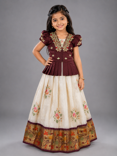 Maroon n Cream Kids Semi Kanchi Lehenga with Handwork Blouse