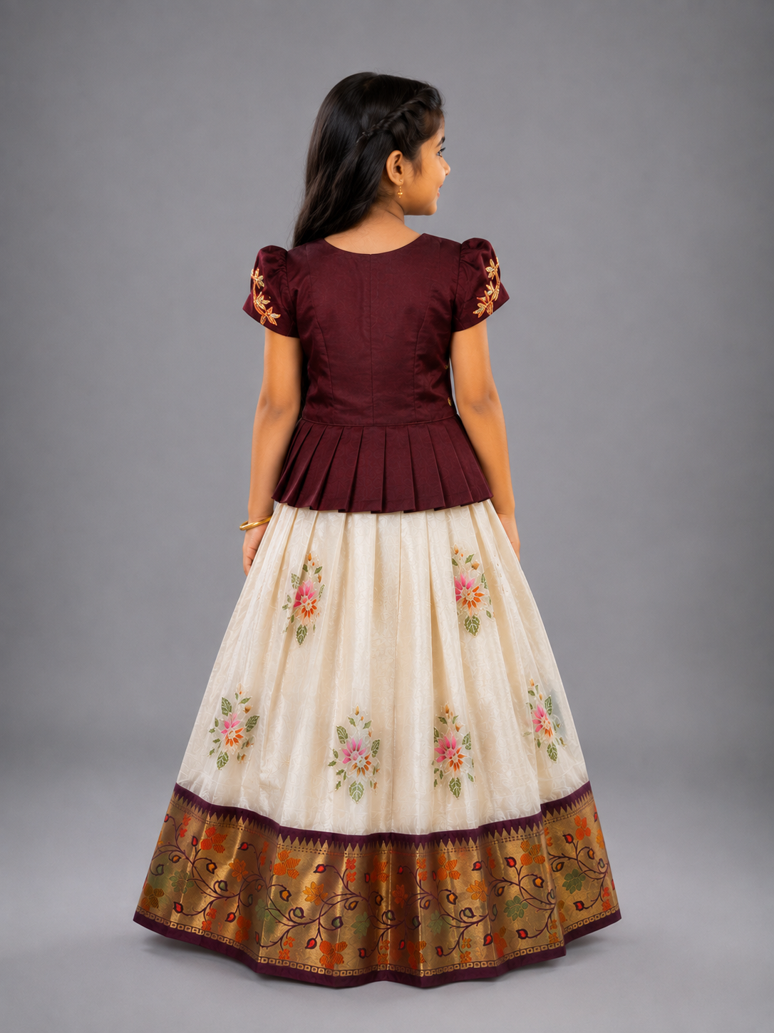 Maroon n Cream Kids Semi Kanchi Lehenga with Handwork Blouse