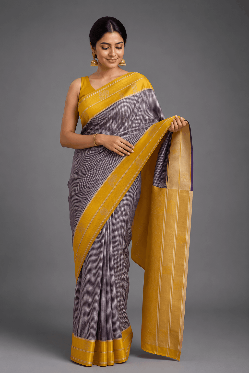 Yellow Checks Soft Silk Saree 109