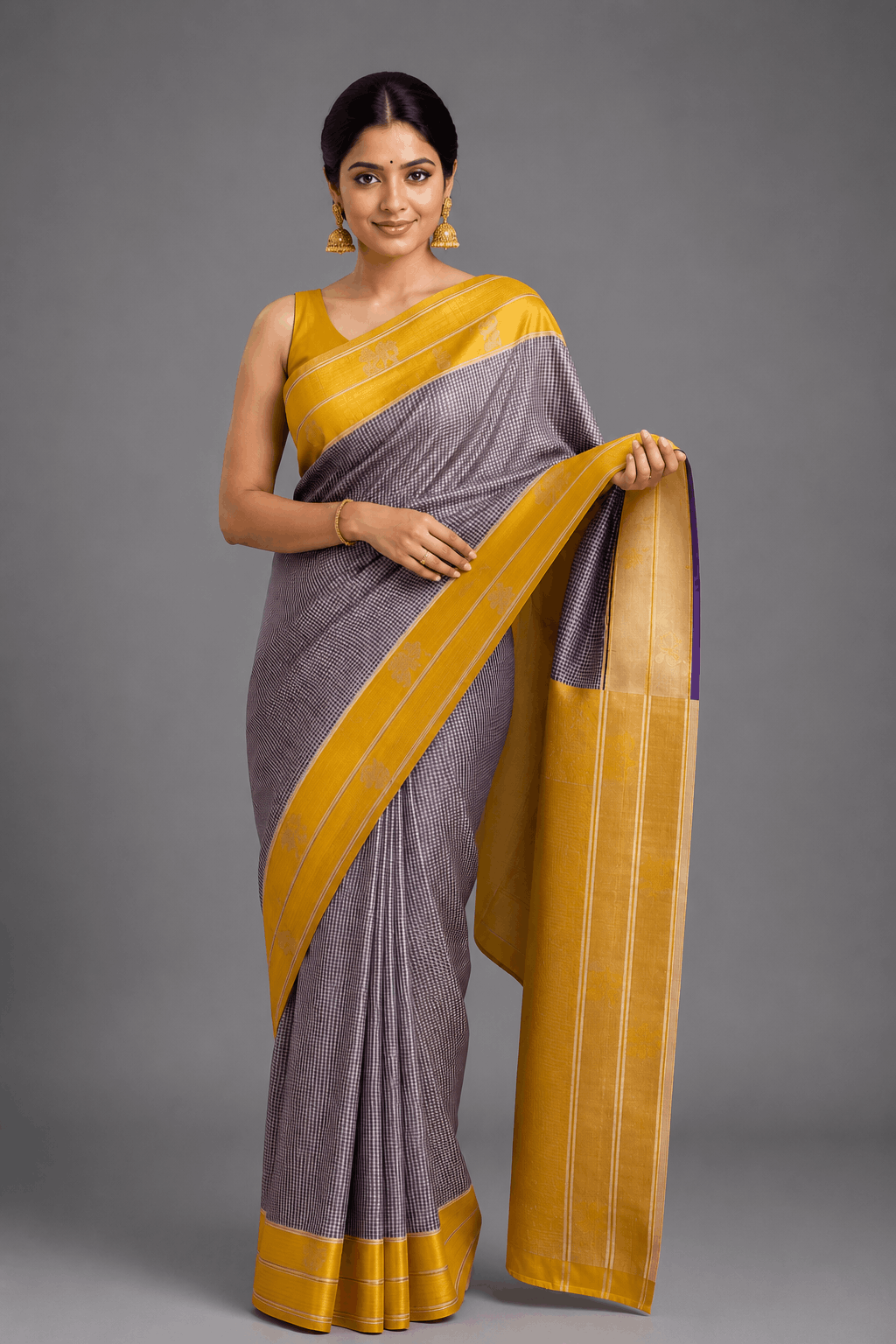 Yellow Checks Soft Silk Saree 109