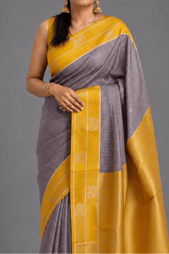 Yellow Checks Soft Silk Saree 109