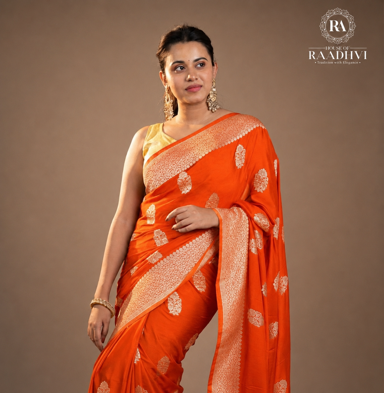 Orange big butta designer soft crepe silk