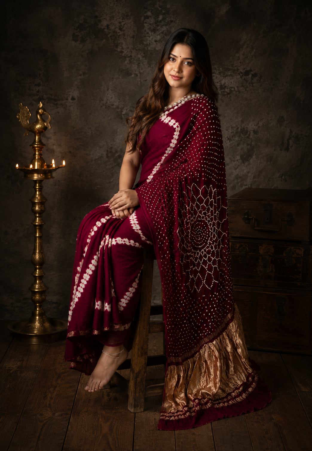 Maroon stripes bandhini crepe silk saree