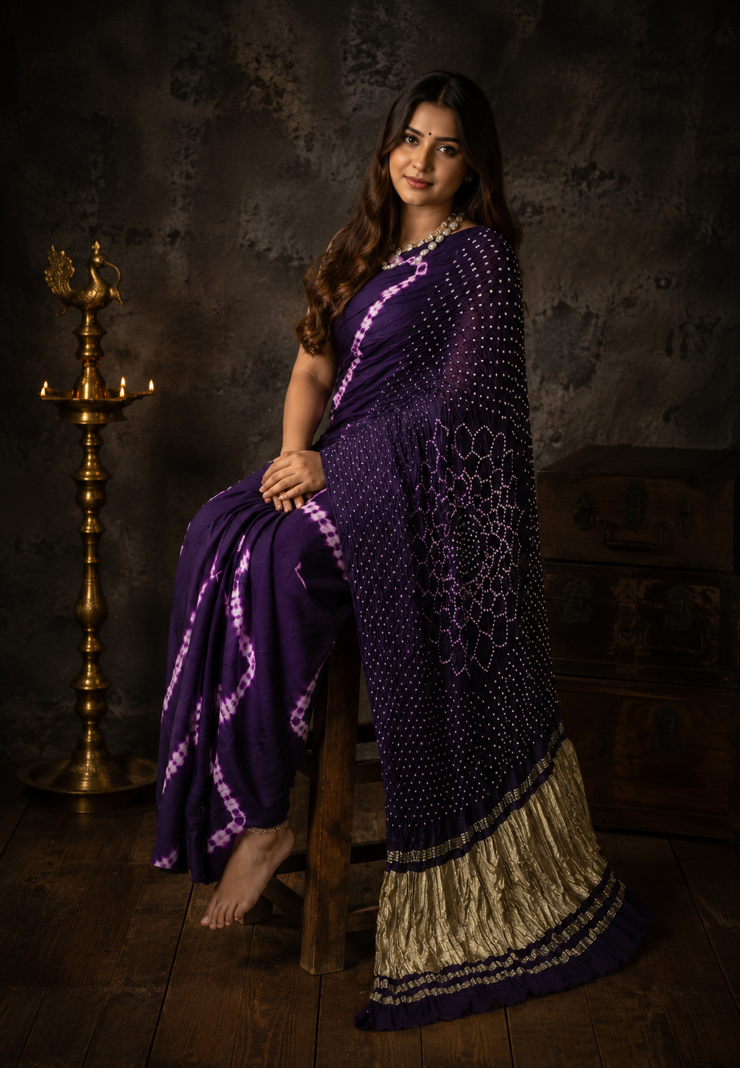 Purple stripes bandhini crepe silk saree