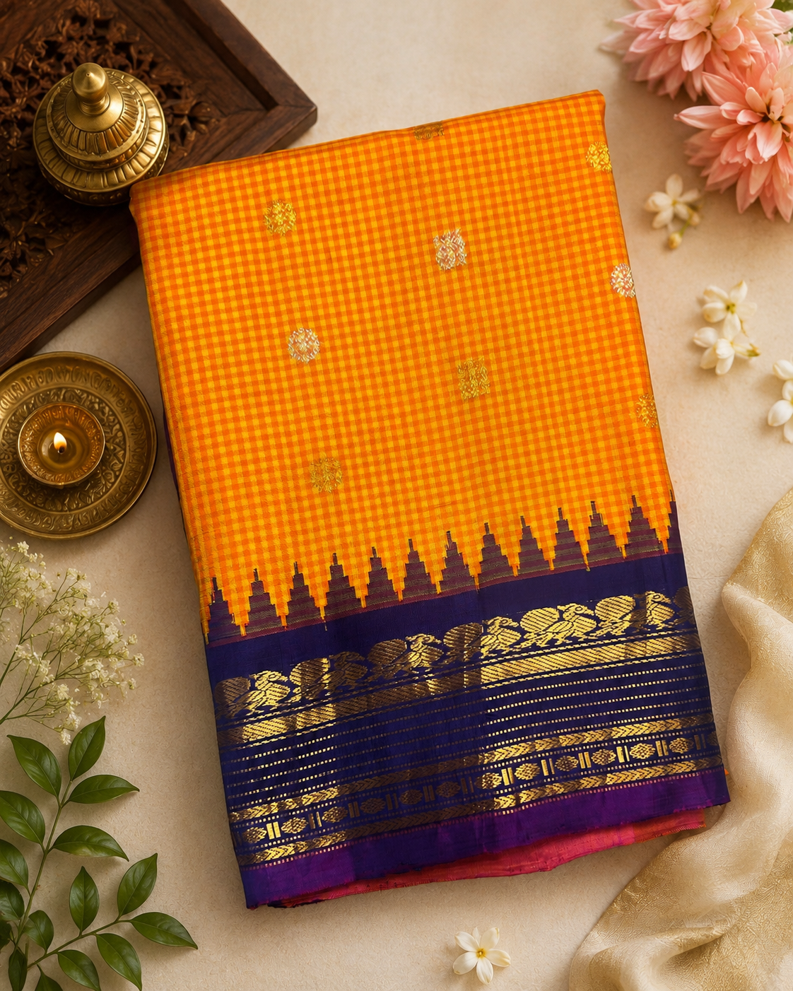 Orange n yellow checks pure handloom gadwal 105 saree