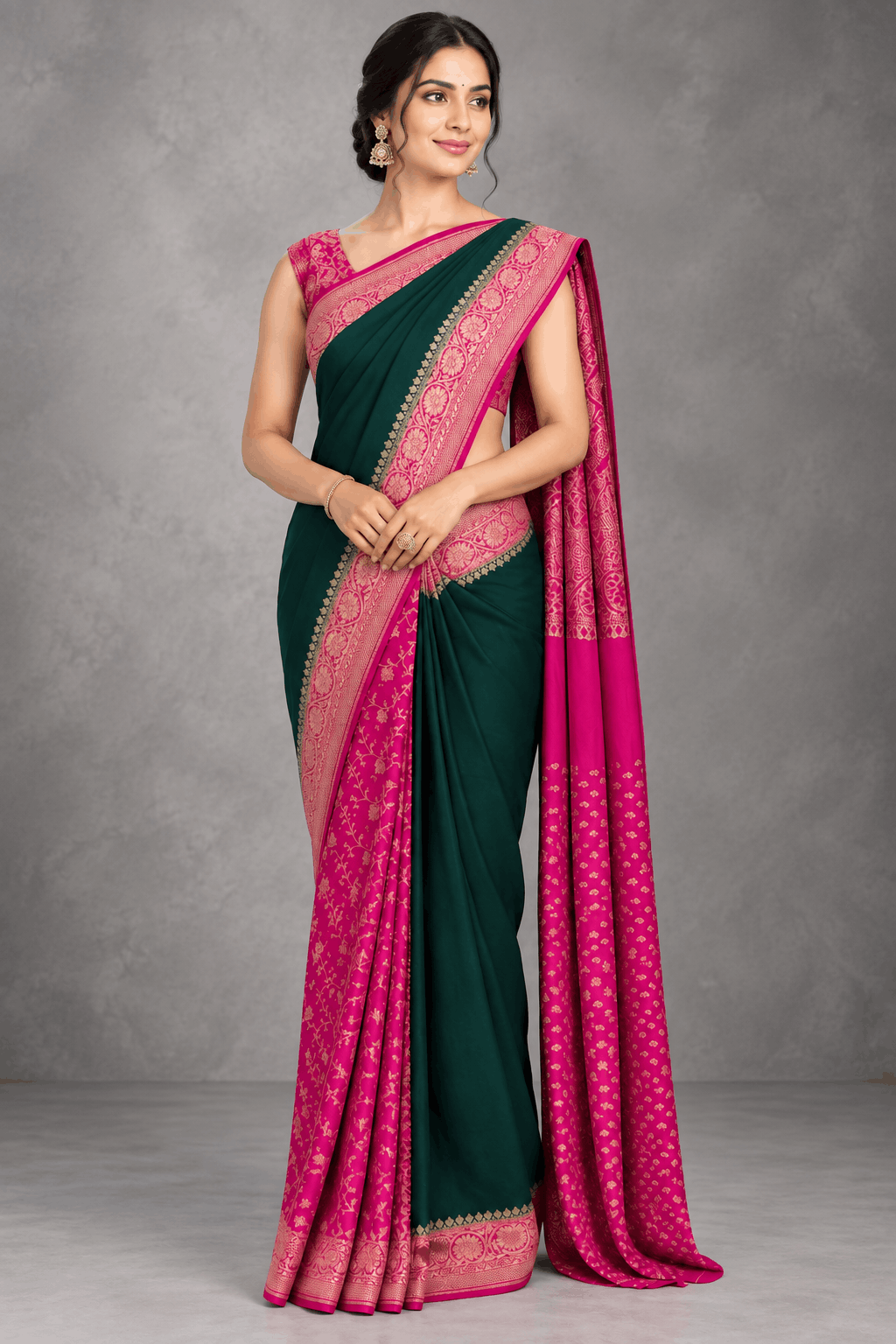 Bottle Green n Pink Patli Pallu Pure Benarasi Crepe Saree 110