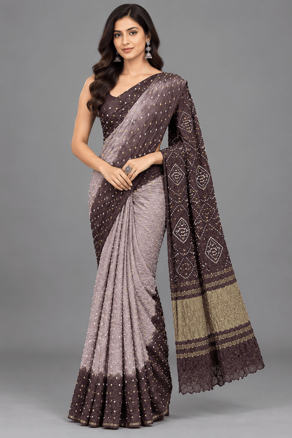 Beige Bandhani Crepe Silk Saree 110