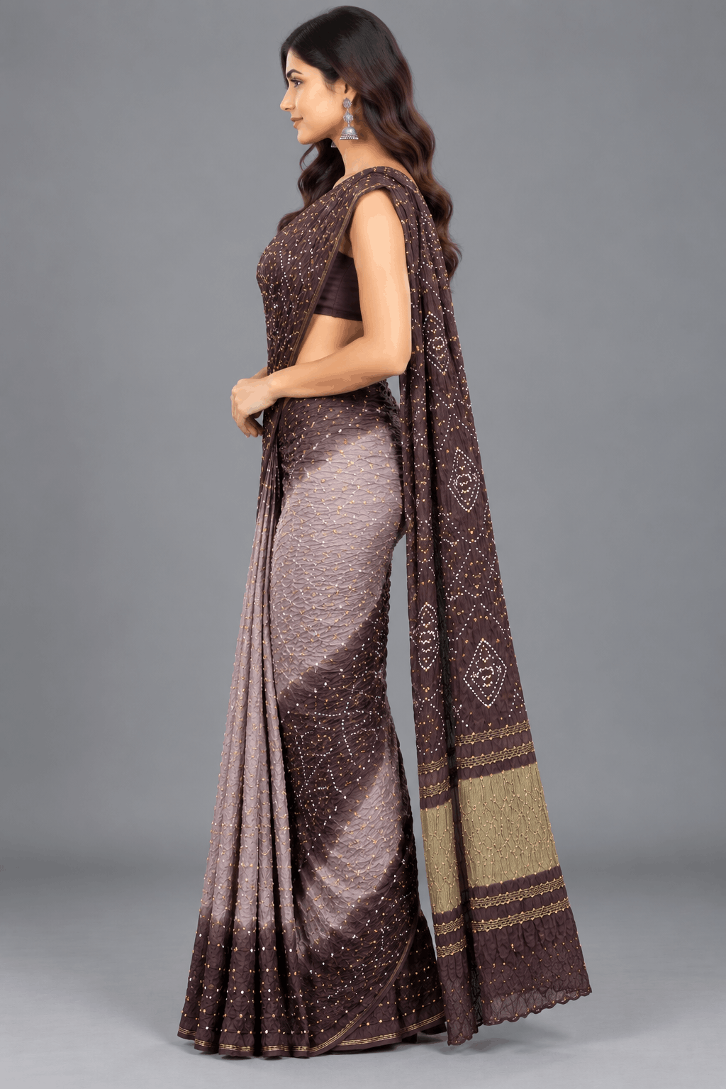 Beige Bandhani Crepe Silk Saree 110