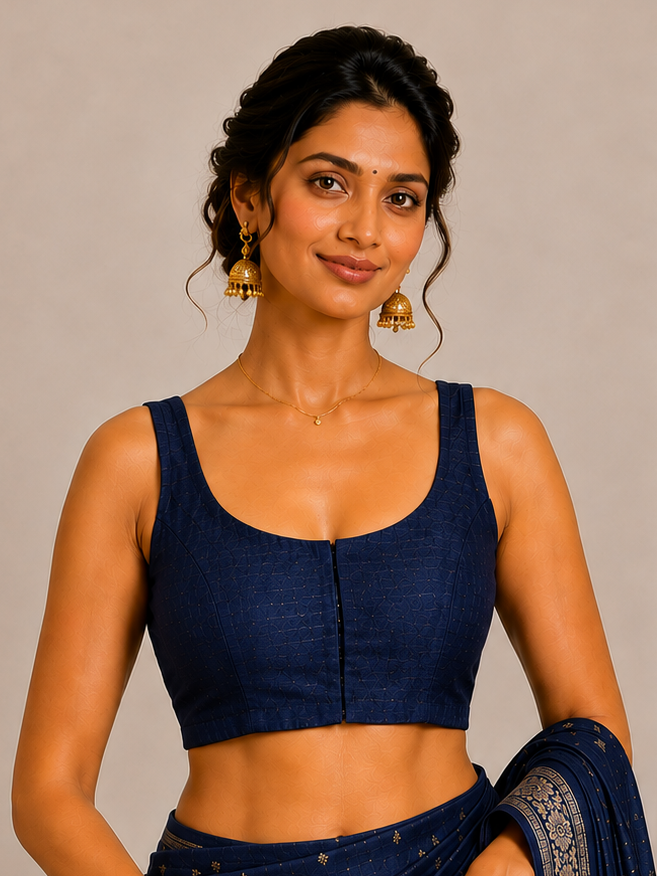Navy Blue Raw Silk Sleeveless Blouse 109
