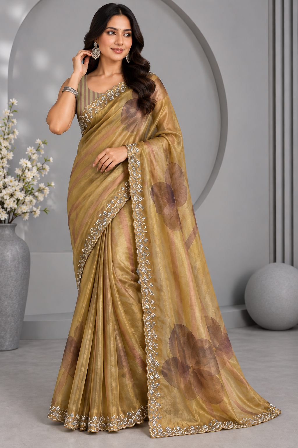Gold Glass Tissue Party Wear Saree 109