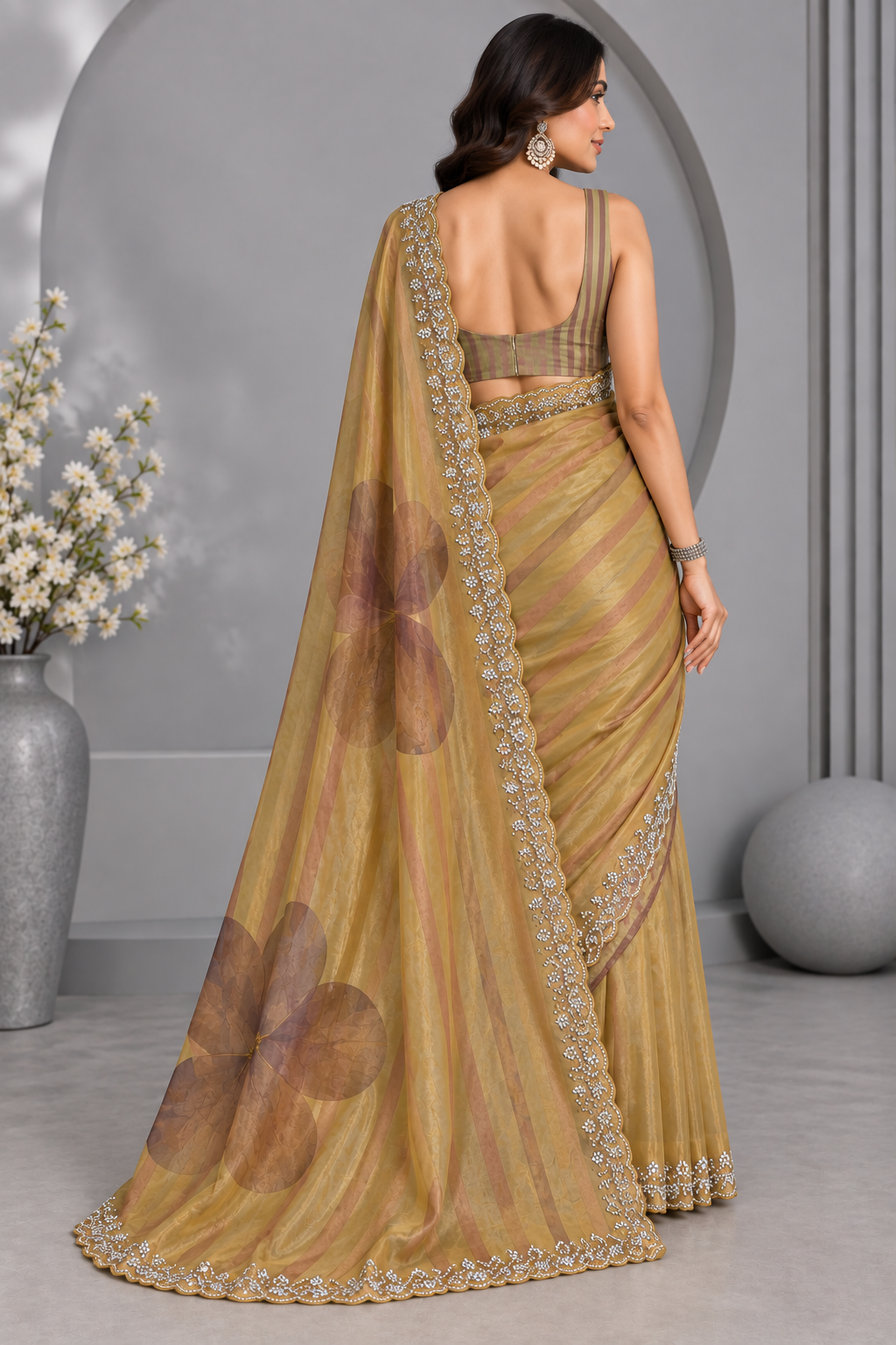 Gold Glass Tissue Party Wear Saree 109